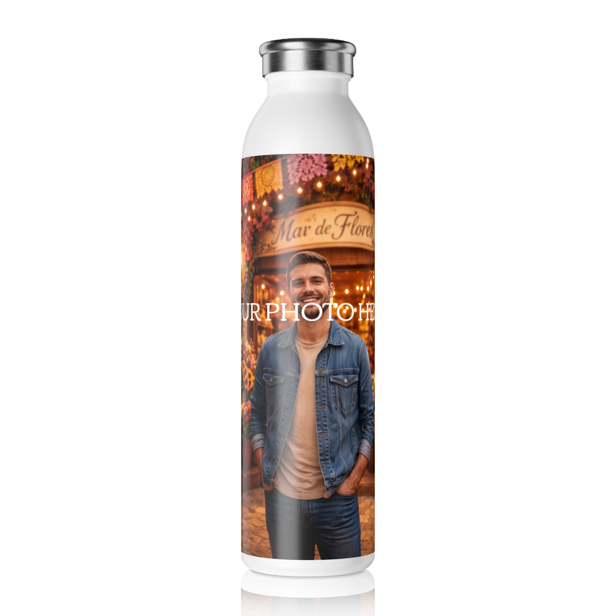 Personalized Slim Water Bottle — Custom Photo Floral Market Design