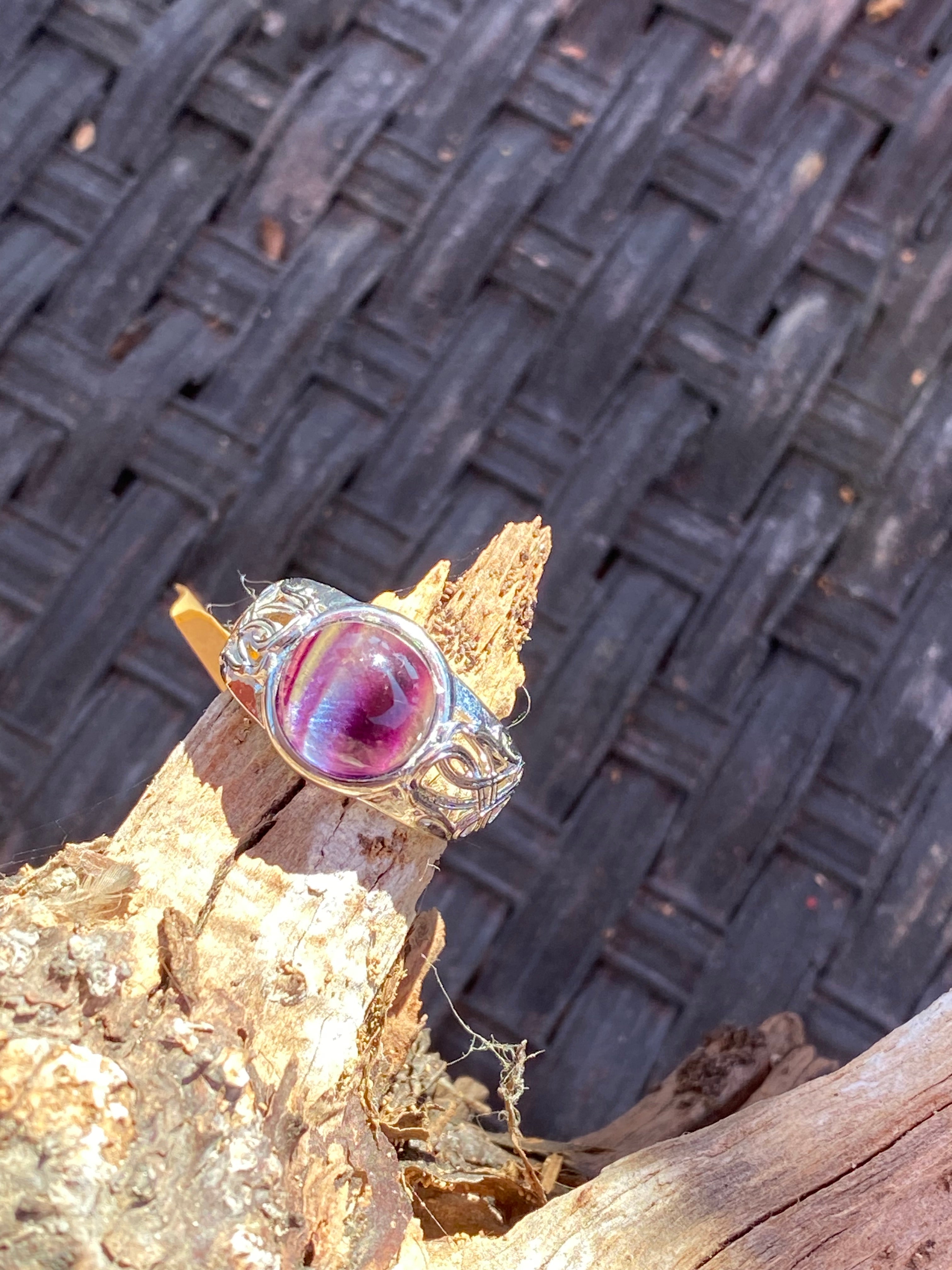Natural Fluorite  Ring gemstone ring, handcrafted jewelry featuring polished stone set in a decorative silver band