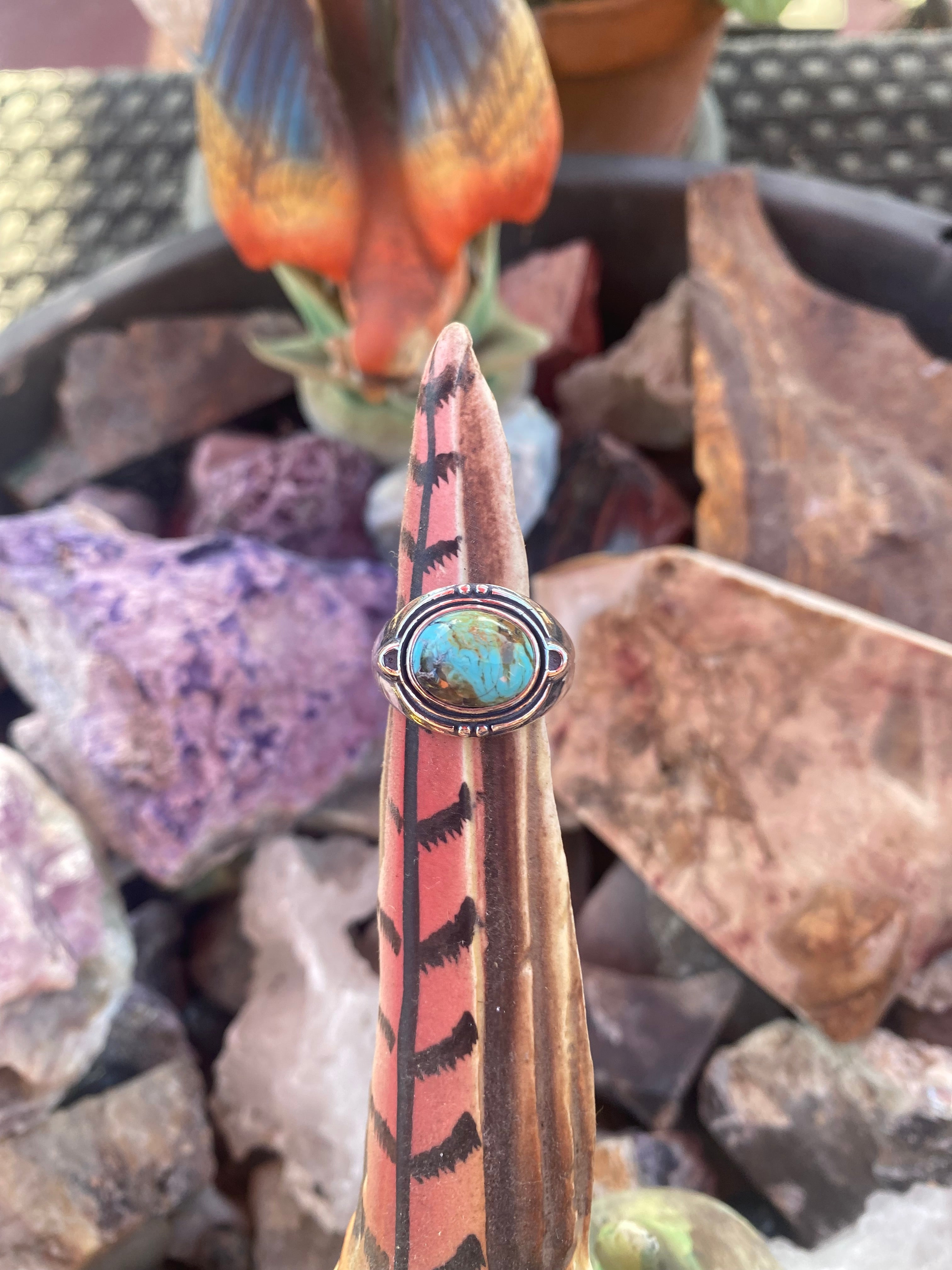 Natural Oval Arizona Turquoise Ring with Textured Sterling Silver Band gemstone ring, handcrafted jewelry featuring polished stone set in a decorative silver band