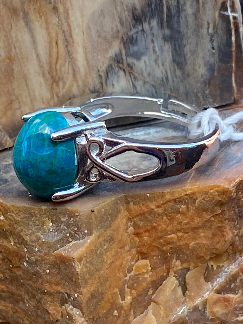 Natural Chrysocolla on Silver-Plated Ring gemstone ring, handcrafted jewelry featuring polished stone set in a decorative silver band