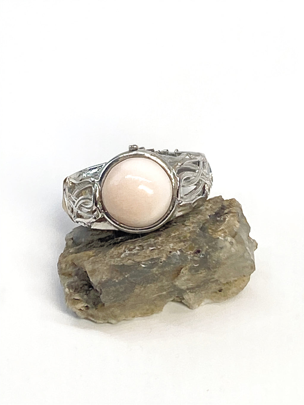 Natural Pink Manganese Ring on Silver-Plated Band gemstone ring, handcrafted jewelry featuring polished stone set in a decorative silver band