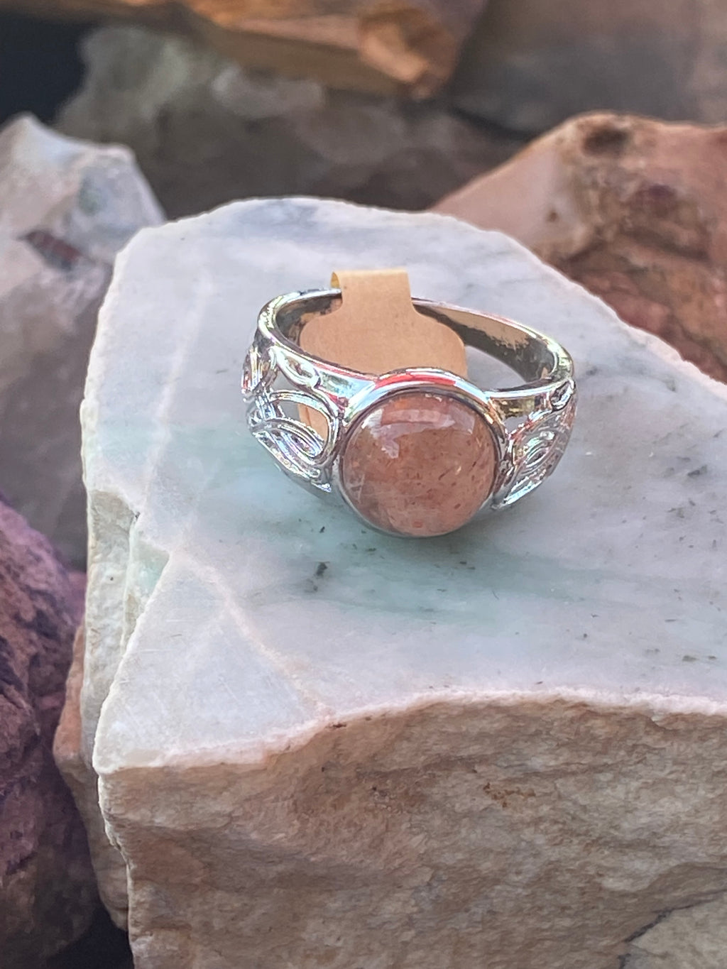Natural Oregon Sunstone Ring gemstone ring, handcrafted jewelry featuring polished stone set in a decorative silver band