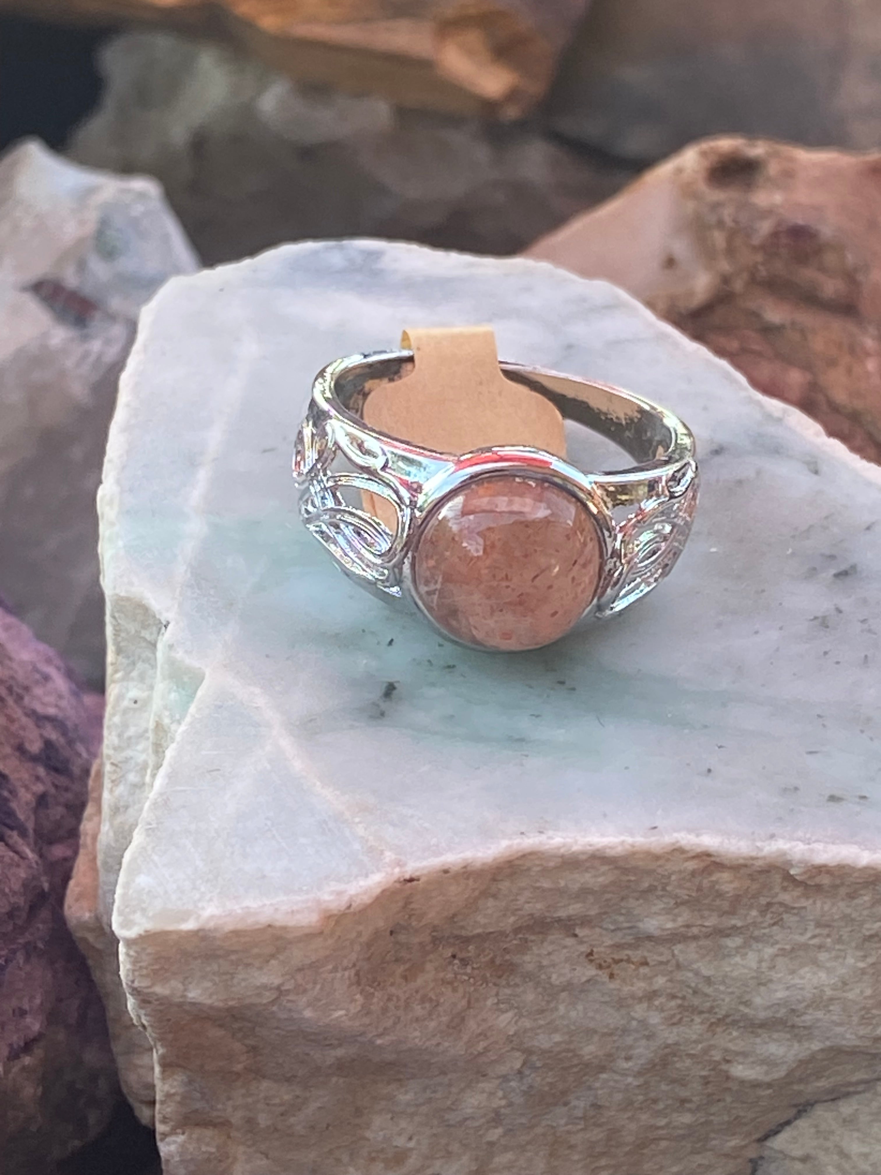 Natural Oregon Sunstone Ring gemstone ring, handcrafted jewelry featuring polished stone set in a decorative silver band