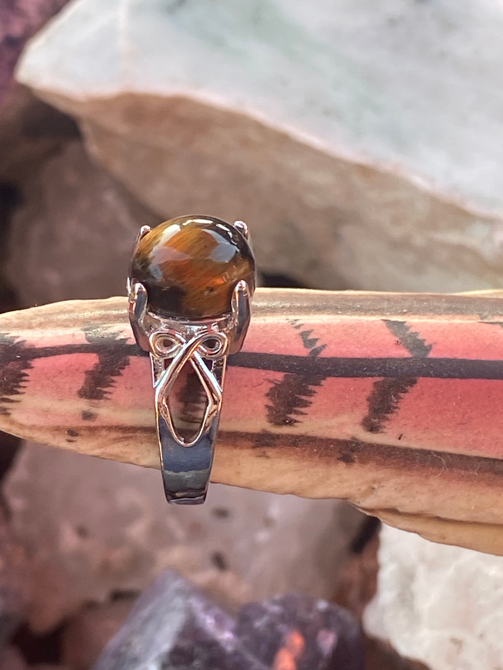 Natural Tiger Eye Ring on Silver Plated Band gemstone ring, handcrafted jewelry featuring polished stone set in a decorative silver band
