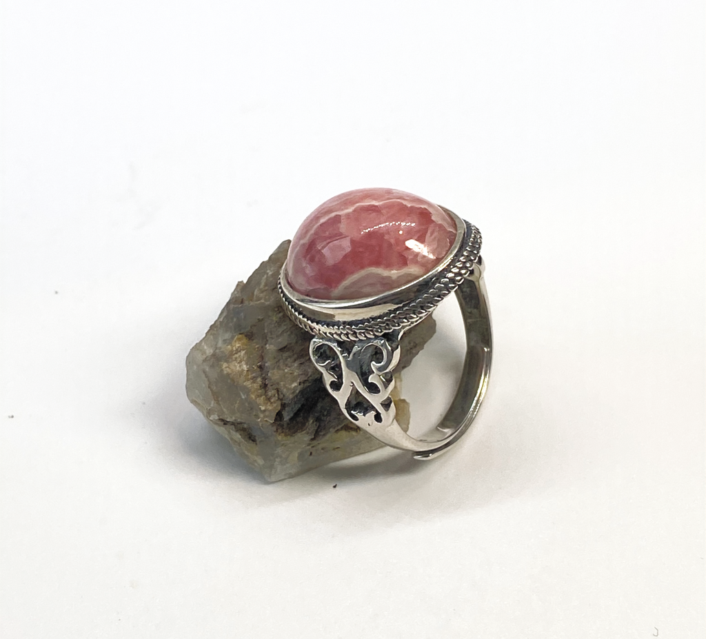 Natural Pink Rhodochrosite 925 Silver Ring gemstone ring, handcrafted jewelry featuring polished stone set in a decorative silver band