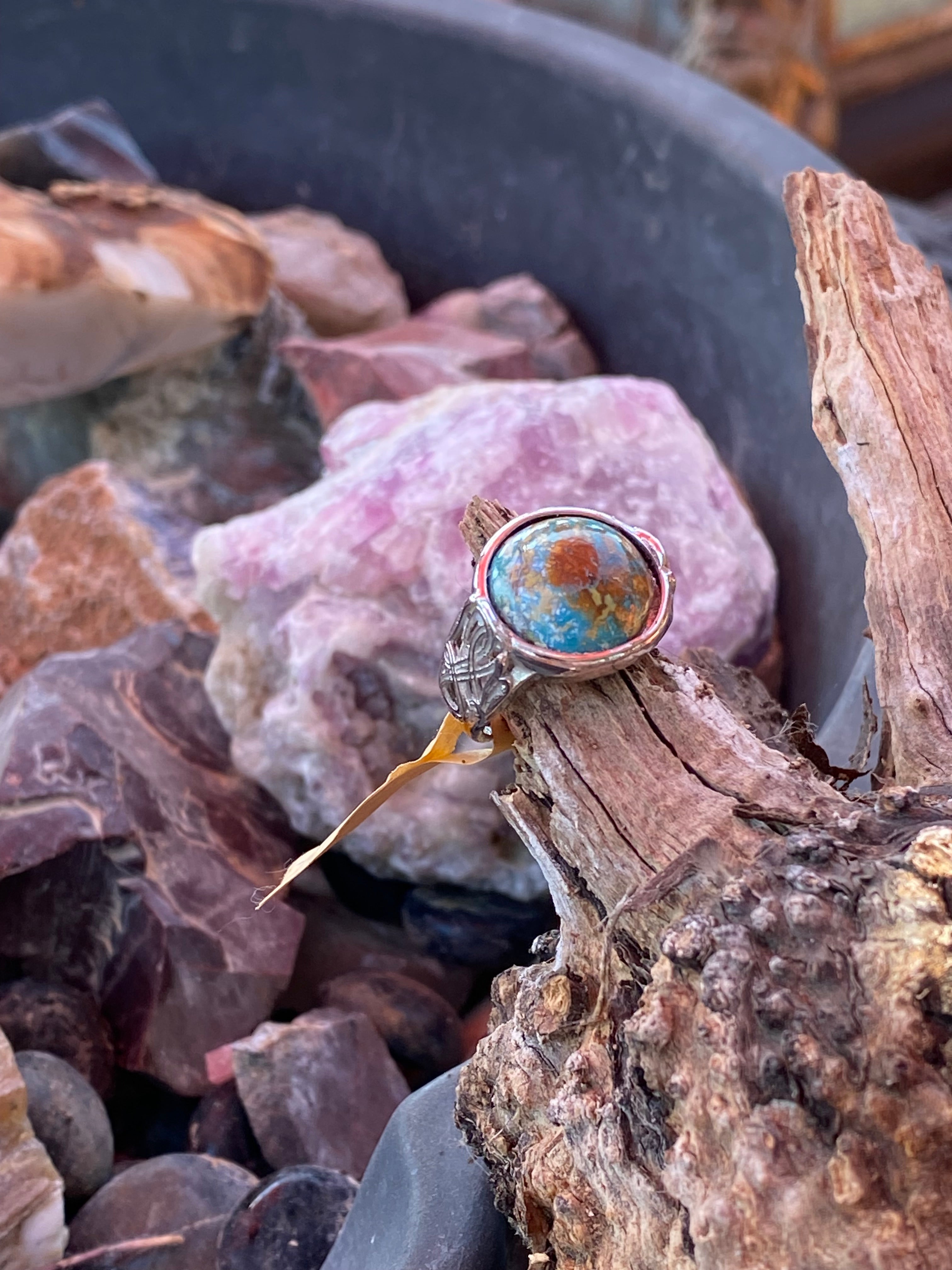 Natural Untreated Turquoise Ring on Silver plated ring gemstone ring, handcrafted jewelry featuring polished stone set in a decorative silver band