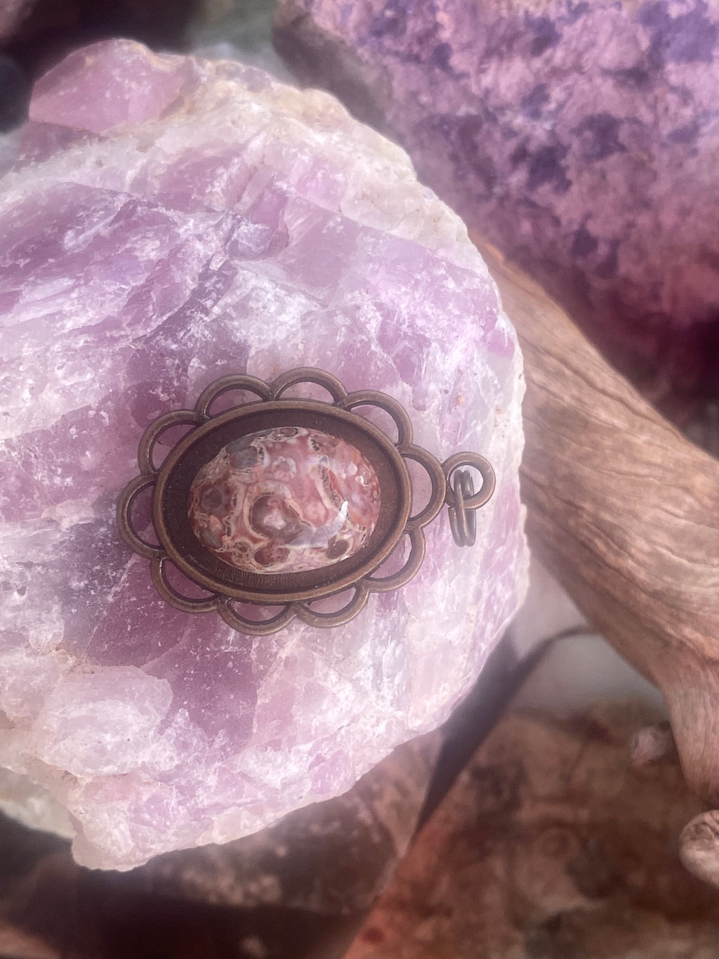 Natural Leopard Skin Jasper Pendant in Ornate Brass Frame gemstone pendant, handcrafted jewelry featuring polished stone with unique color and mineral patterns