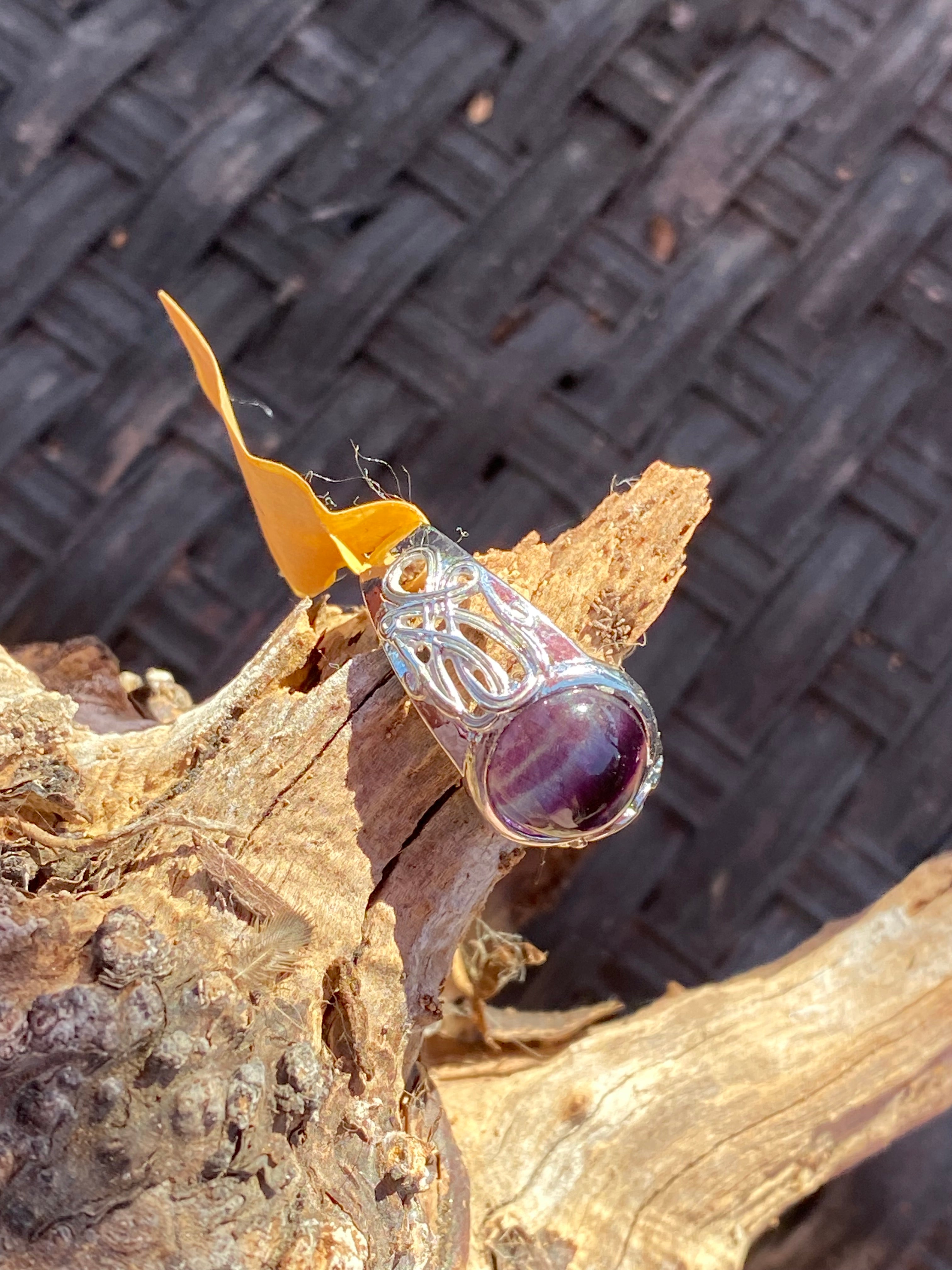 Natural Fluorite  Ring gemstone ring, handcrafted jewelry featuring polished stone set in a decorative silver band