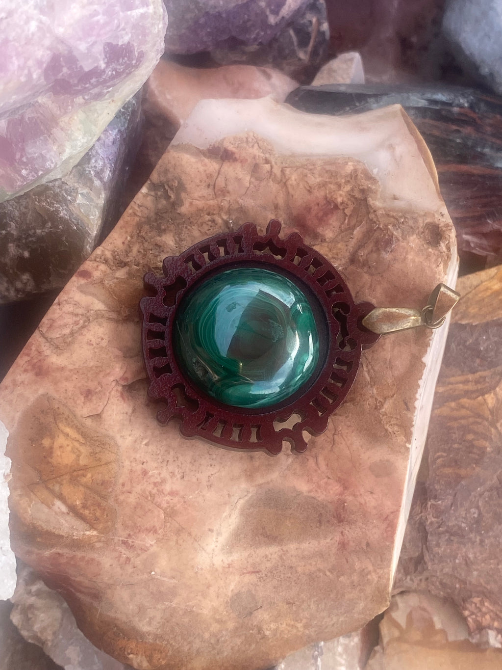 Natural Malachite on Wooden Pendant gemstone pendant, handcrafted jewelry featuring polished stone with unique color and mineral patterns