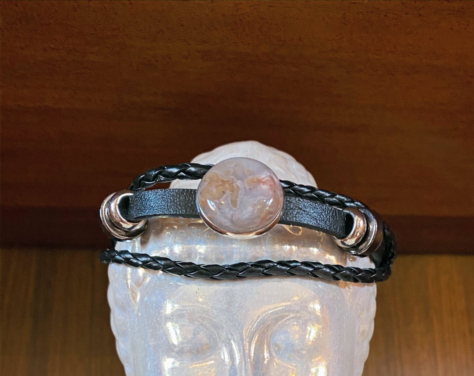 Natural Butte Creek Agate on Leather gemstone jewelry featuring polished stone with distinctive color, pattern, and handcrafted craftsmanship