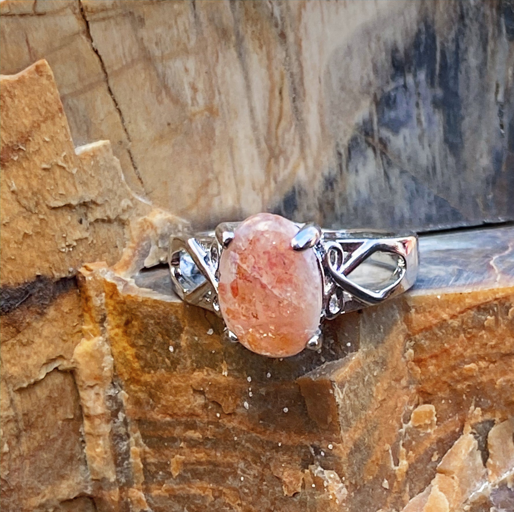 Natural Oregon Sunstone Ring silver plated band gemstone ring, handcrafted jewelry featuring polished stone set in a decorative silver band