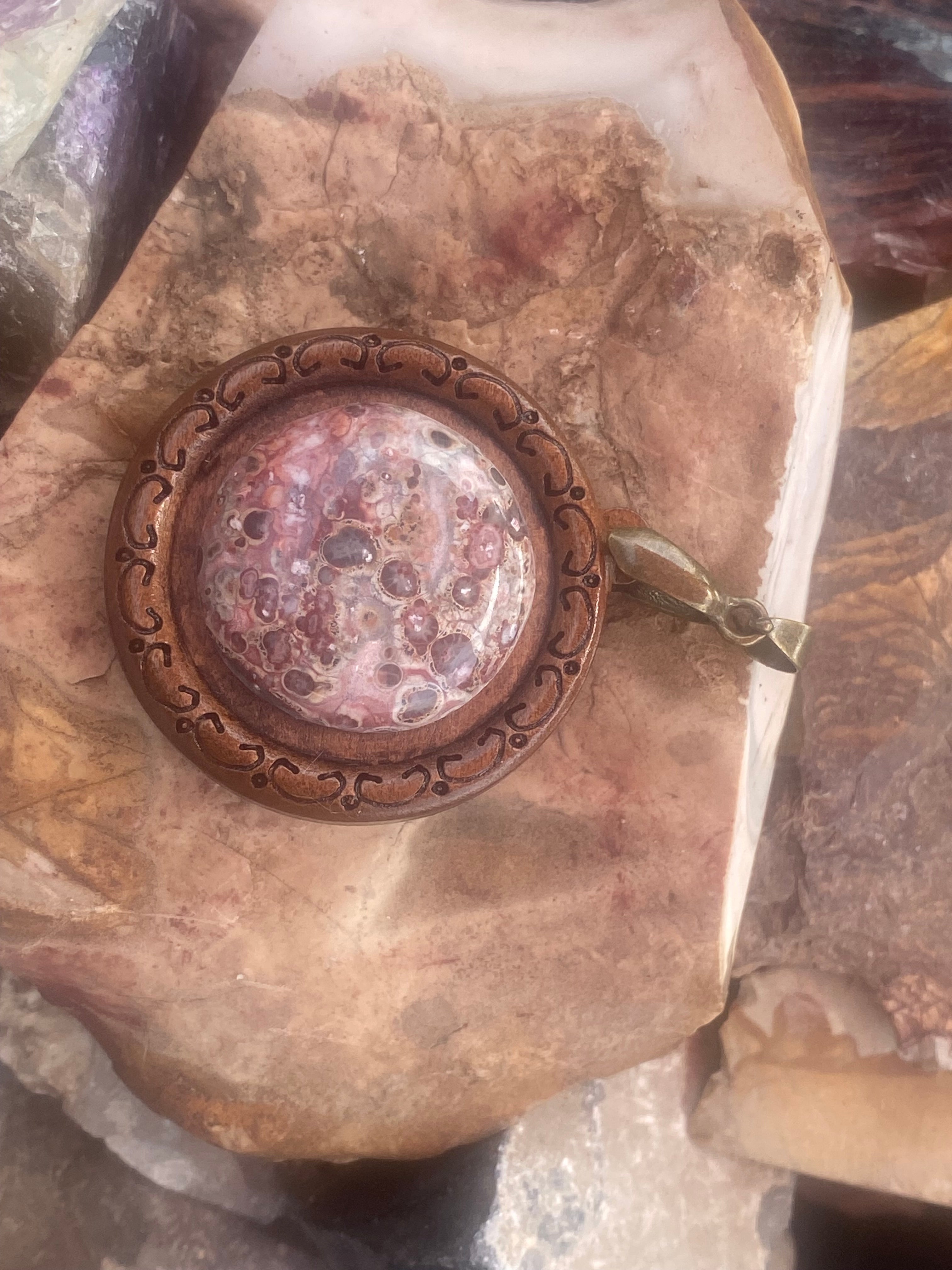 Natural Leopard Skin Jasper Wooden Pendant gemstone pendant, handcrafted jewelry featuring polished stone with unique color and mineral patterns