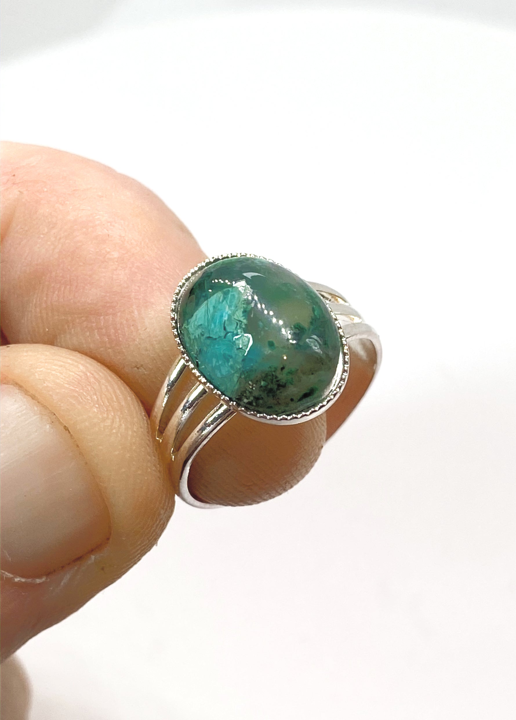 Natural Chryscolla in Quartz Ring gemstone ring, handcrafted jewelry featuring polished stone set in a decorative silver band