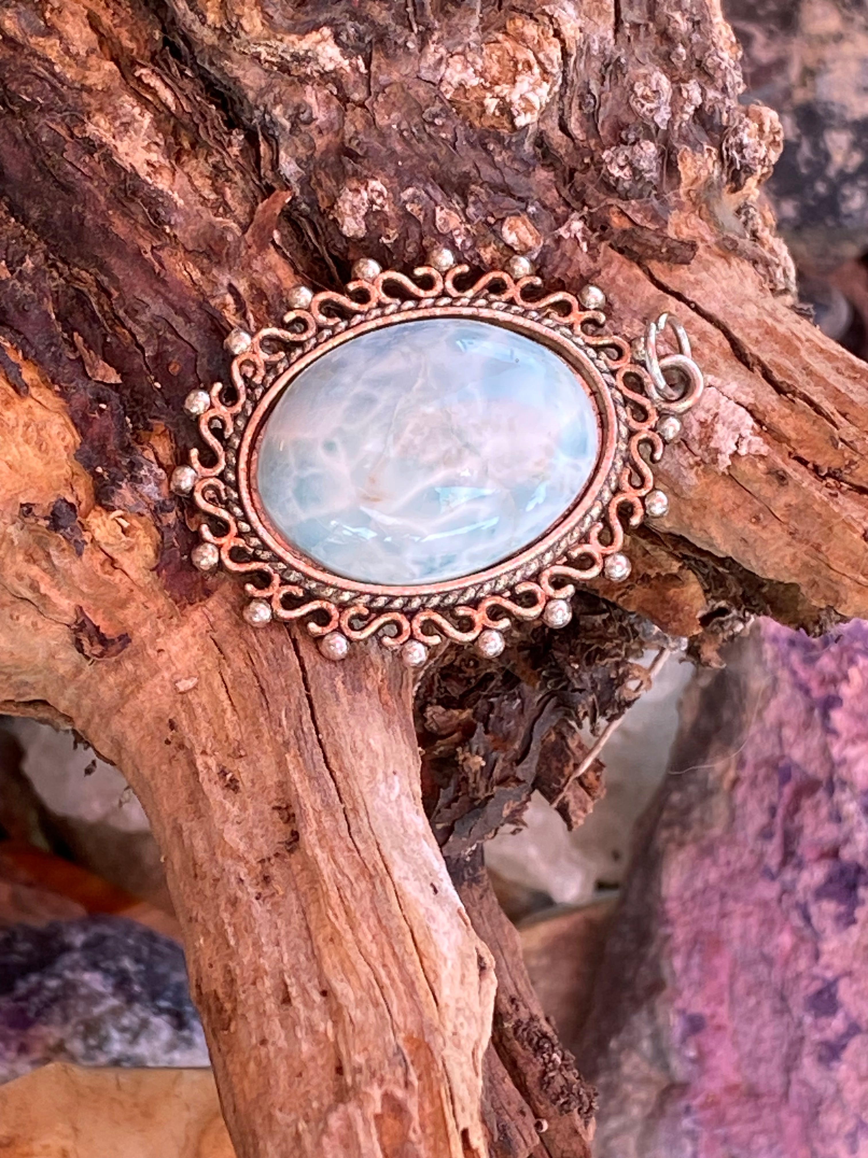 Natural Elegant Larimar Pendant on Silver-Plated pendant gemstone pendant, handcrafted jewelry featuring polished stone with unique color and mineral patterns