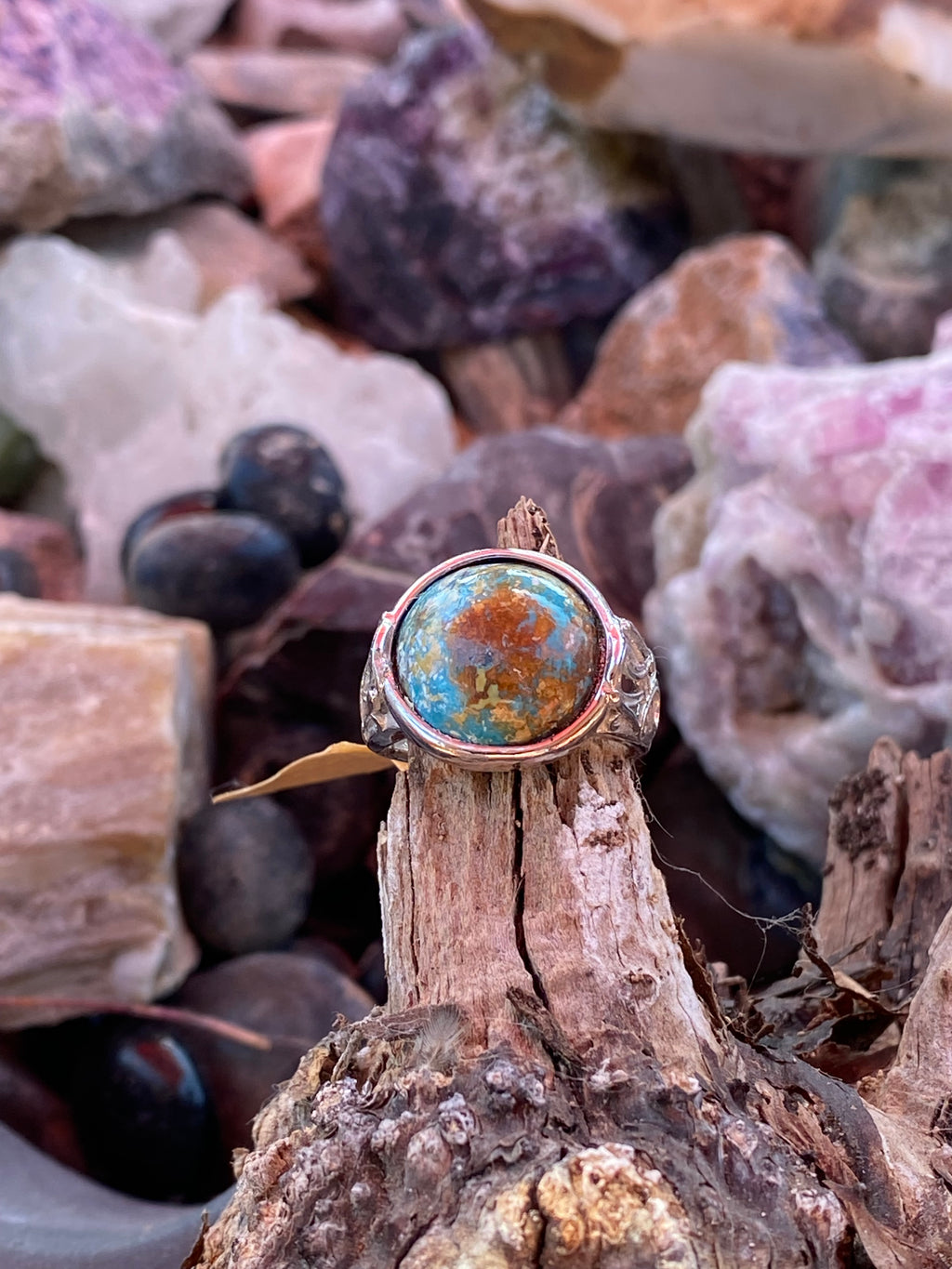 Natural Untreated Turquoise Ring on Silver plated ring gemstone ring, handcrafted jewelry featuring polished stone set in a decorative silver band