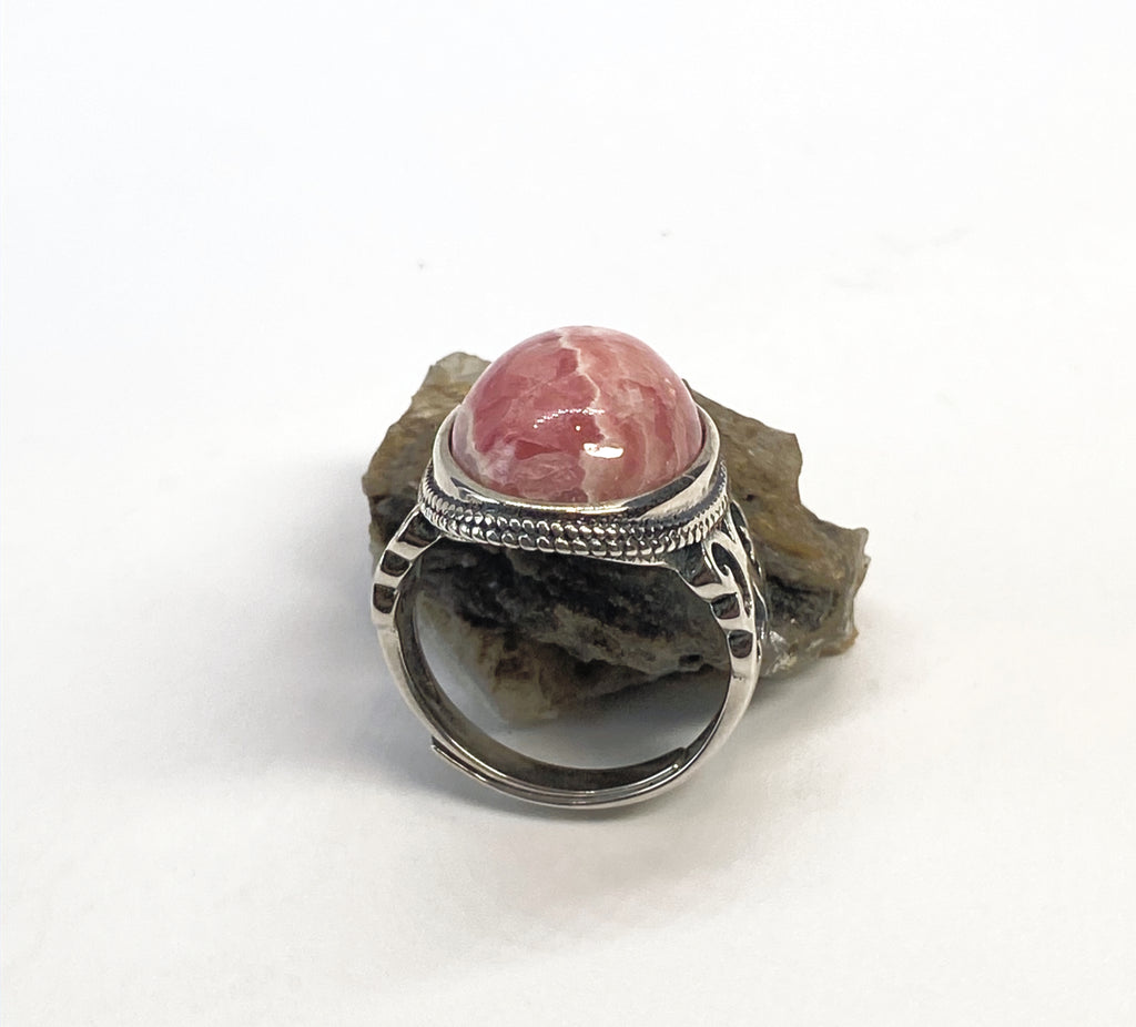 Natural Pink Rhodochrosite 925 Silver Ring gemstone ring, handcrafted jewelry featuring polished stone set in a decorative silver band