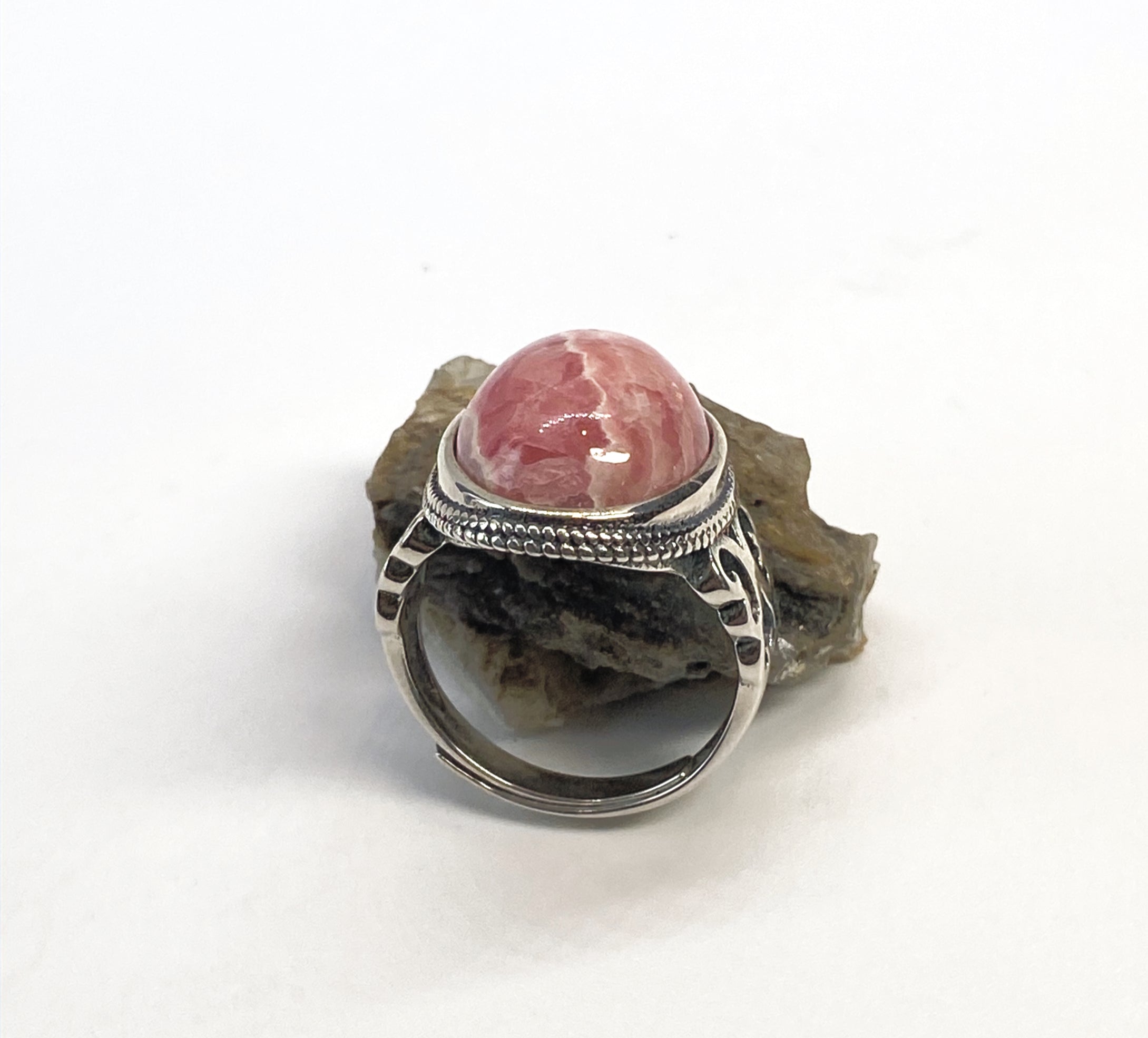 Natural Pink Rhodochrosite 925 Silver Ring gemstone ring, handcrafted jewelry featuring polished stone set in a decorative silver band