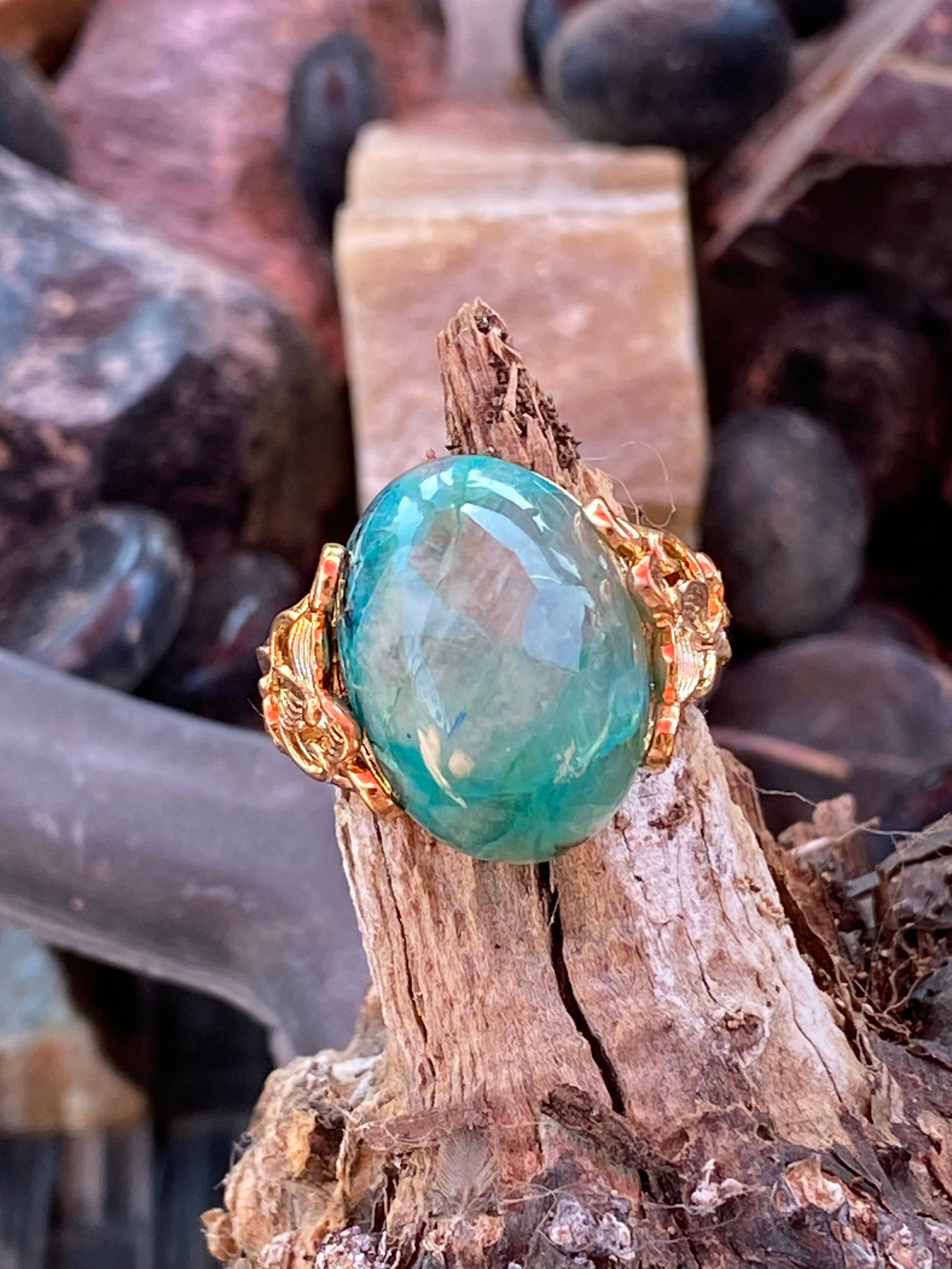 Natural Chrysocolla Quartz Ring gemstone ring, handcrafted jewelry featuring polished stone set in a decorative silver band