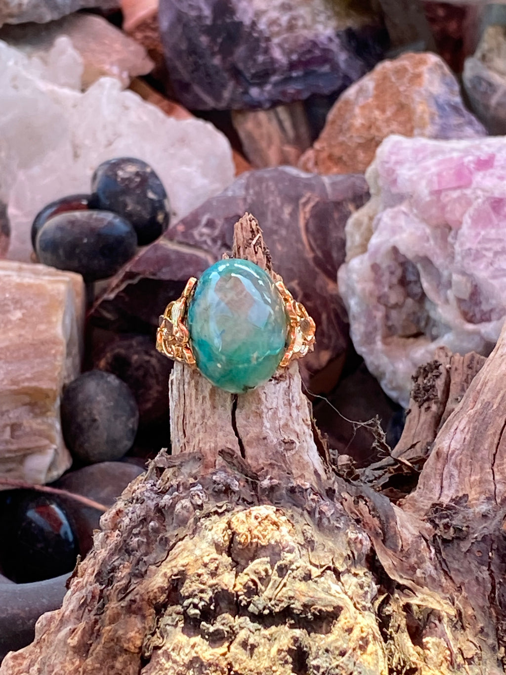 Natural Chrysocolla Quartz Ring gemstone ring, handcrafted jewelry featuring polished stone set in a decorative silver band