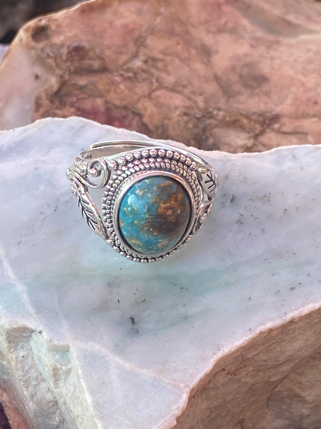 Natural Royston Turquoise Ring with Dragon Motif in Sterling Silver gemstone ring, handcrafted jewelry featuring polished stone set in a decorative silver band