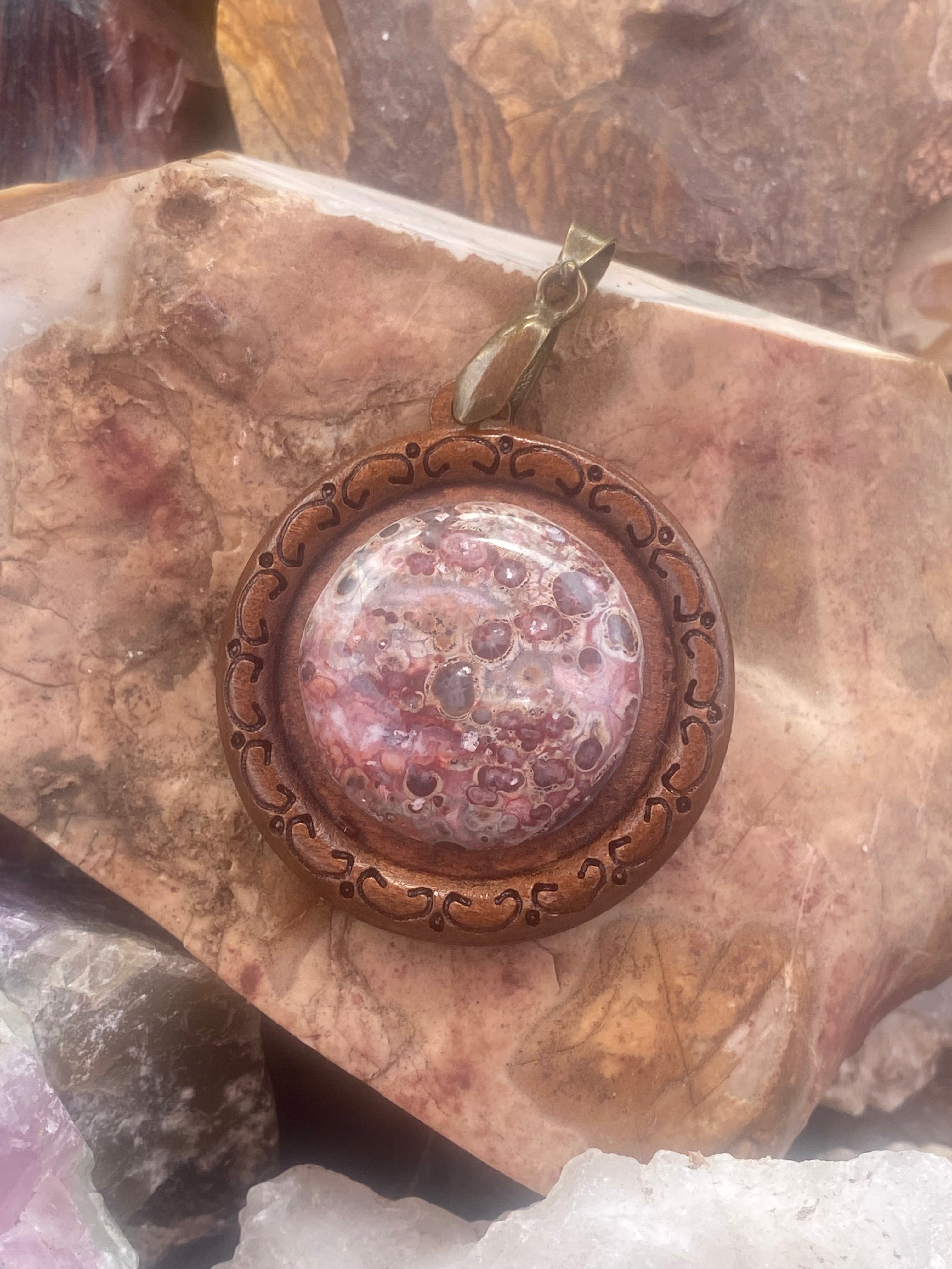 Natural Leopard Skin Jasper Wooden Pendant gemstone pendant, handcrafted jewelry featuring polished stone with unique color and mineral patterns