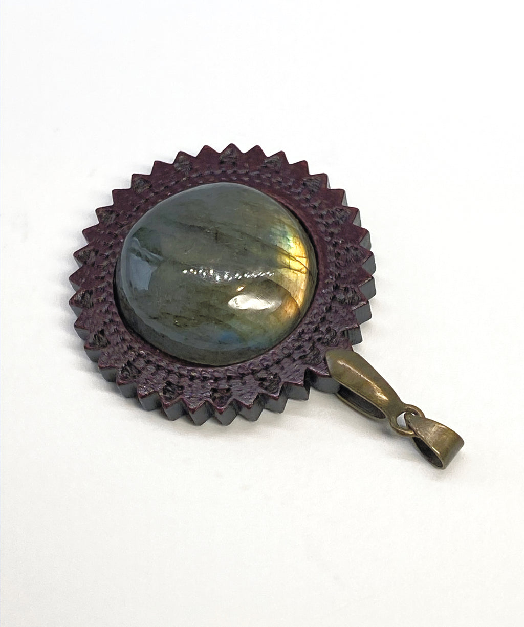 Natural Lepidolite on Wood pendant gemstone pendant, handcrafted jewelry featuring polished stone with unique color and mineral patterns
