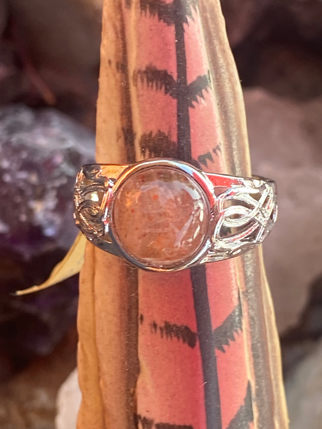Natural Oregon Sunstone Ring gemstone ring, handcrafted jewelry featuring polished stone set in a decorative silver band