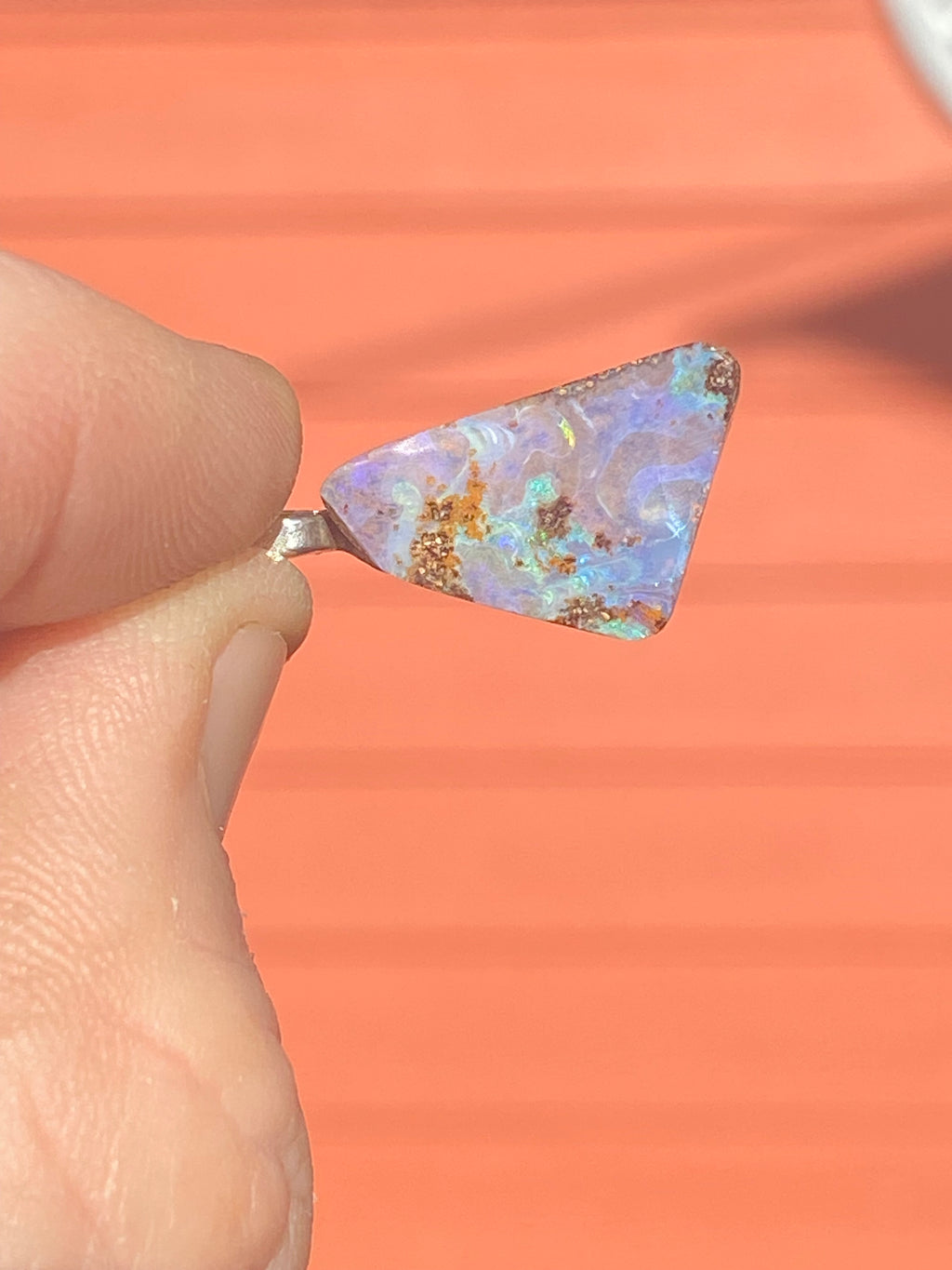 Natural Triangular Boulder Opal Pendant gemstone pendant, handcrafted jewelry featuring polished stone with unique color and mineral patterns