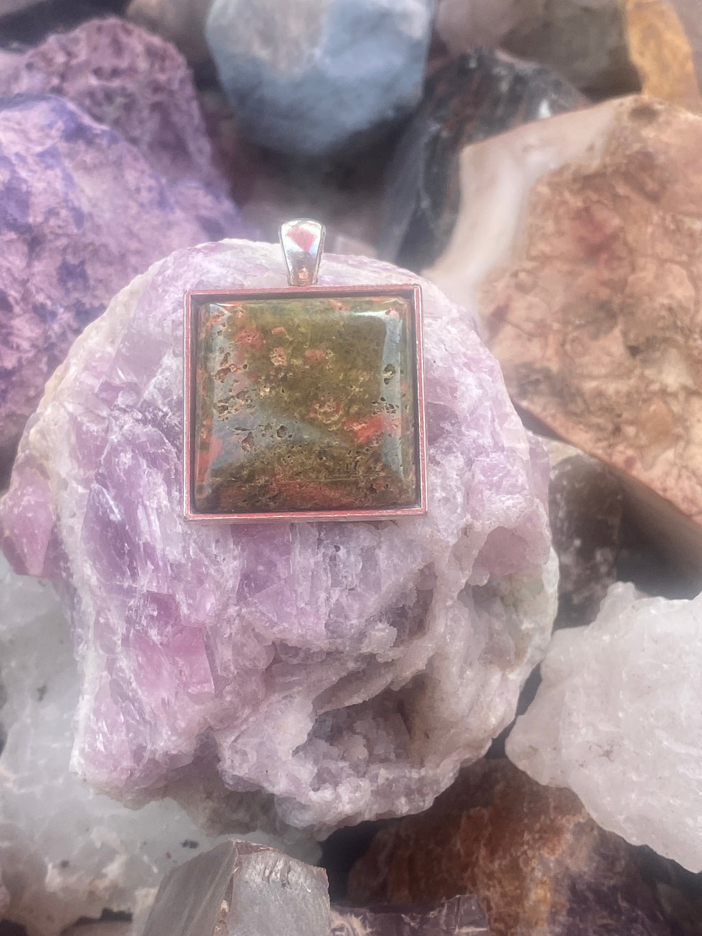Natural Unakite Pendant gemstone pendant, handcrafted jewelry featuring polished stone with unique color and mineral patterns