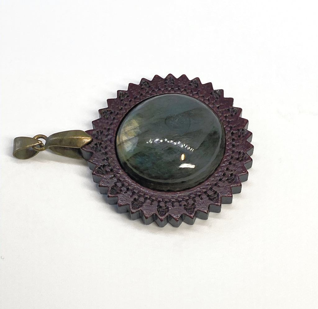 Natural Lepidolite on Wood pendant gemstone pendant, handcrafted jewelry featuring polished stone with unique color and mineral patterns