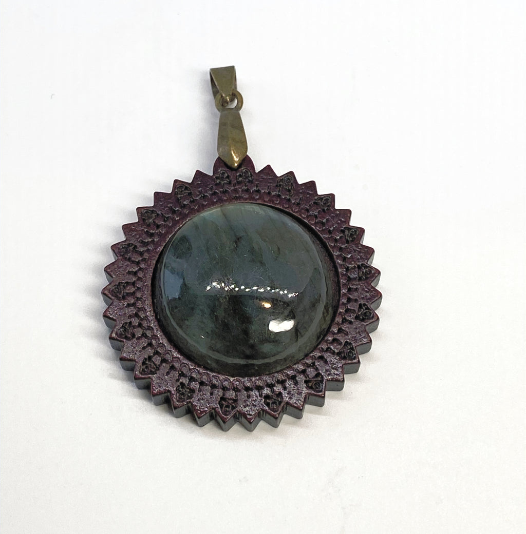 Natural Lepidolite on Wood pendant gemstone pendant, handcrafted jewelry featuring polished stone with unique color and mineral patterns
