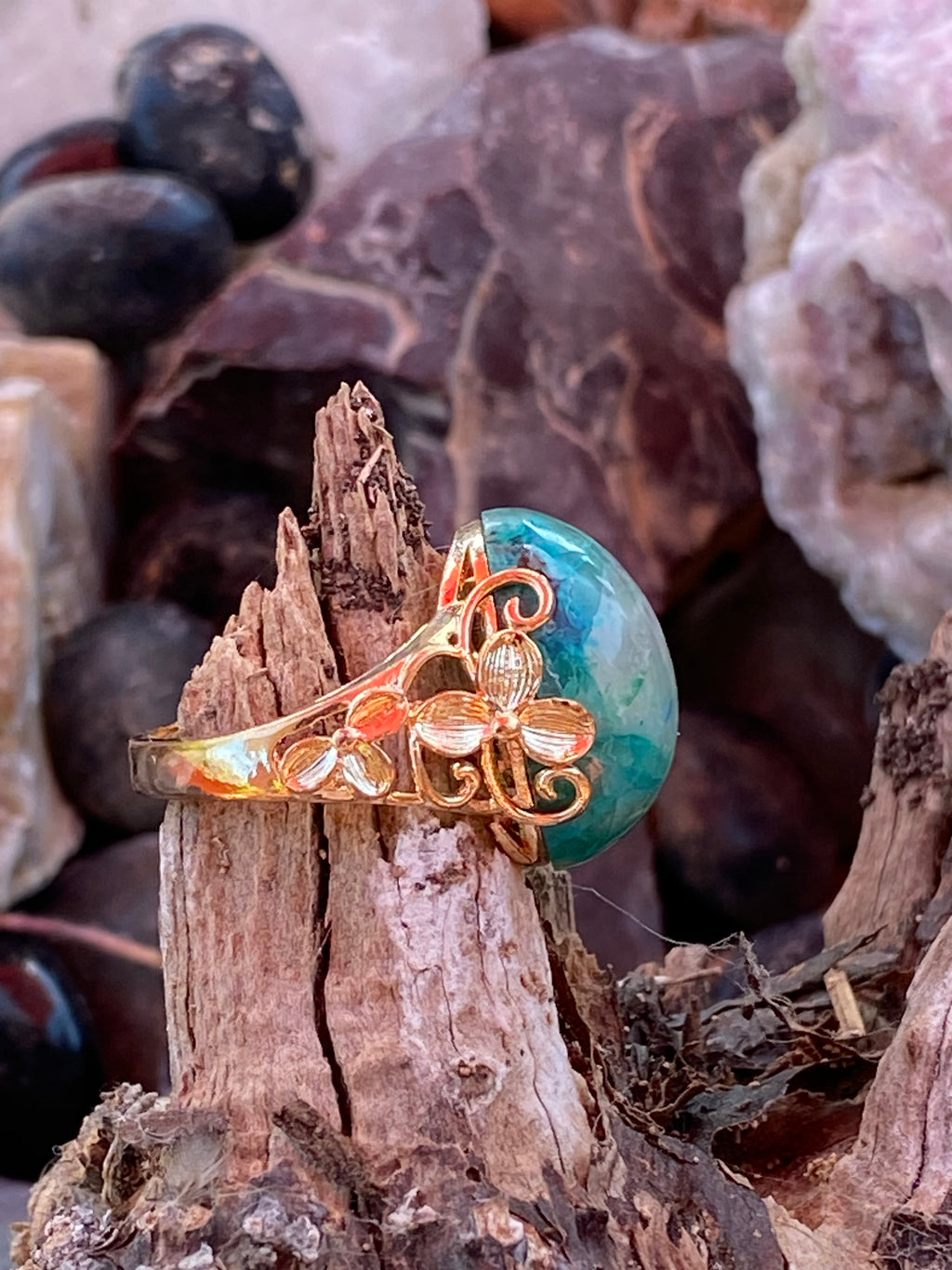 Natural Chrysocolla Quartz Ring gemstone ring, handcrafted jewelry featuring polished stone set in a decorative silver band