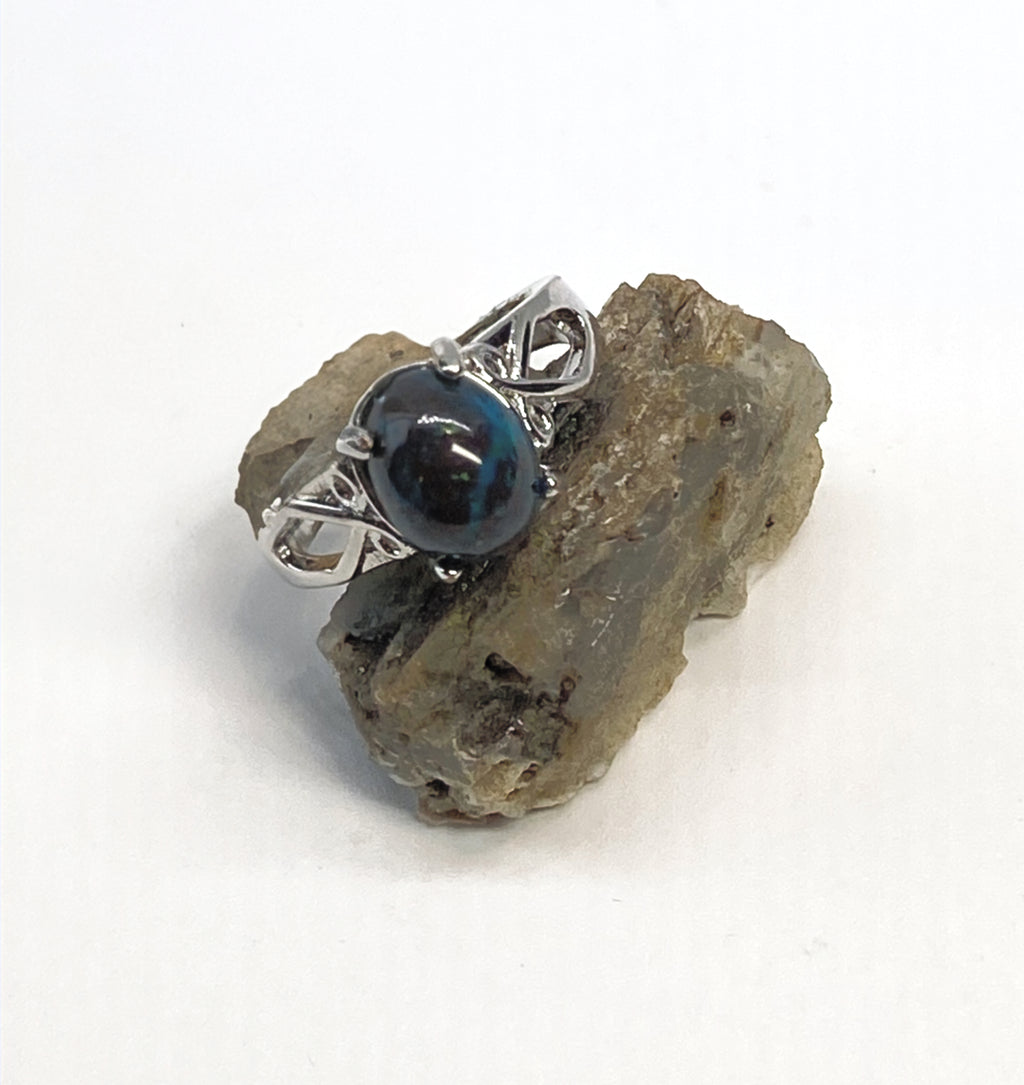 Natural Chrysocolla Ring on Silver Plated Band gemstone ring, handcrafted jewelry featuring polished stone set in a decorative silver band