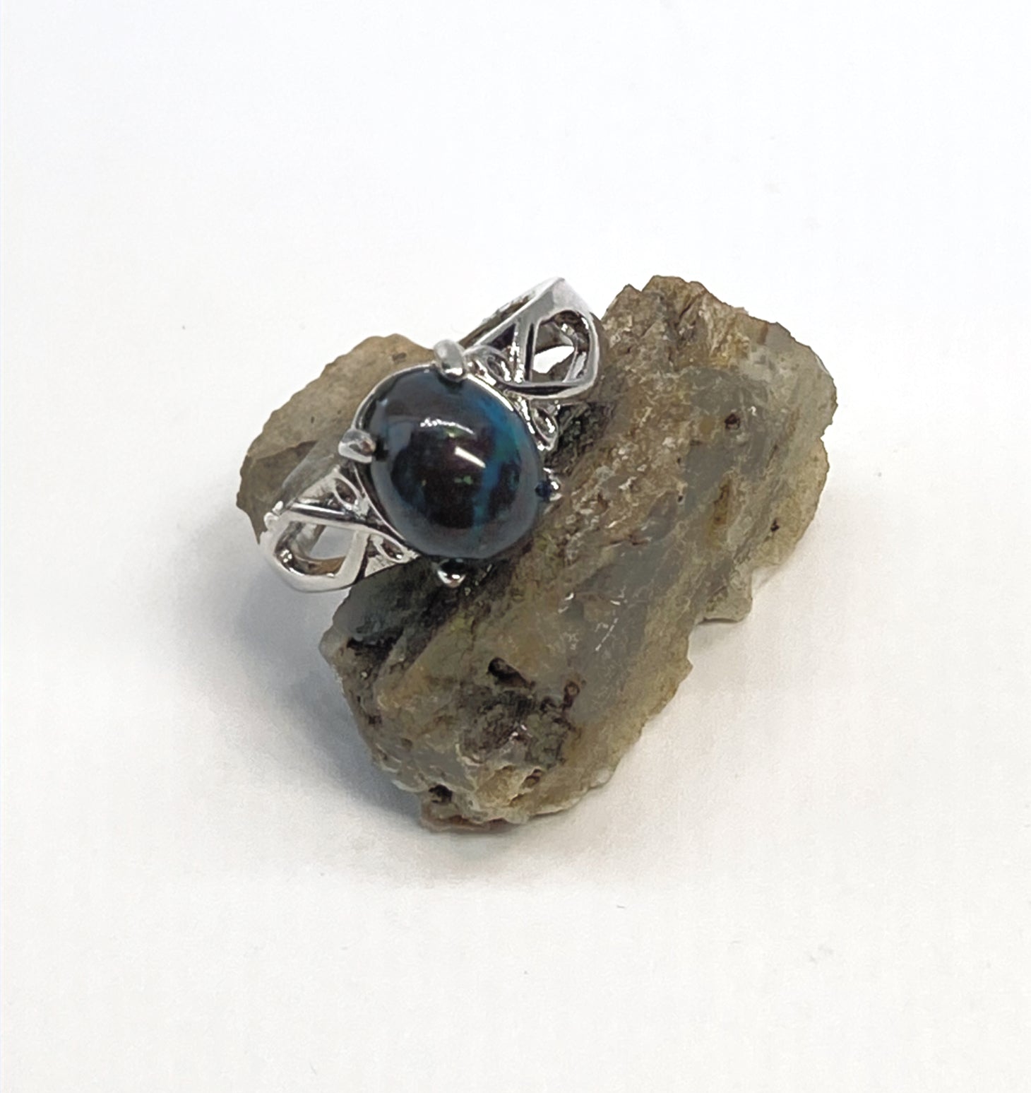 Natural Chrysocolla Ring on Silver Plated Band gemstone ring, handcrafted jewelry featuring polished stone set in a decorative silver band