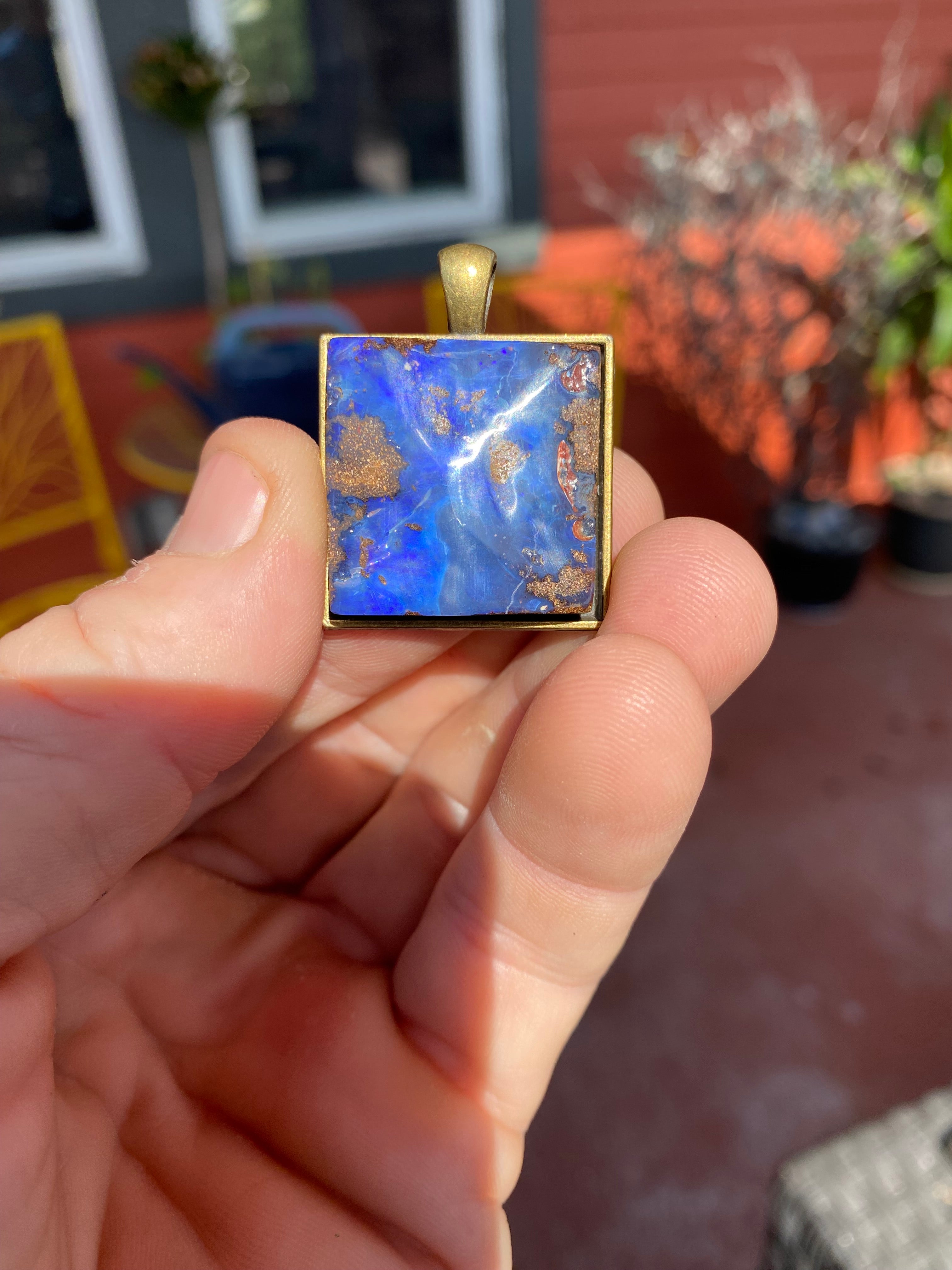 Natural Australian Boulder Opal Pendant in Brass Setting gemstone pendant, handcrafted jewelry featuring polished stone with unique color and mineral patterns
