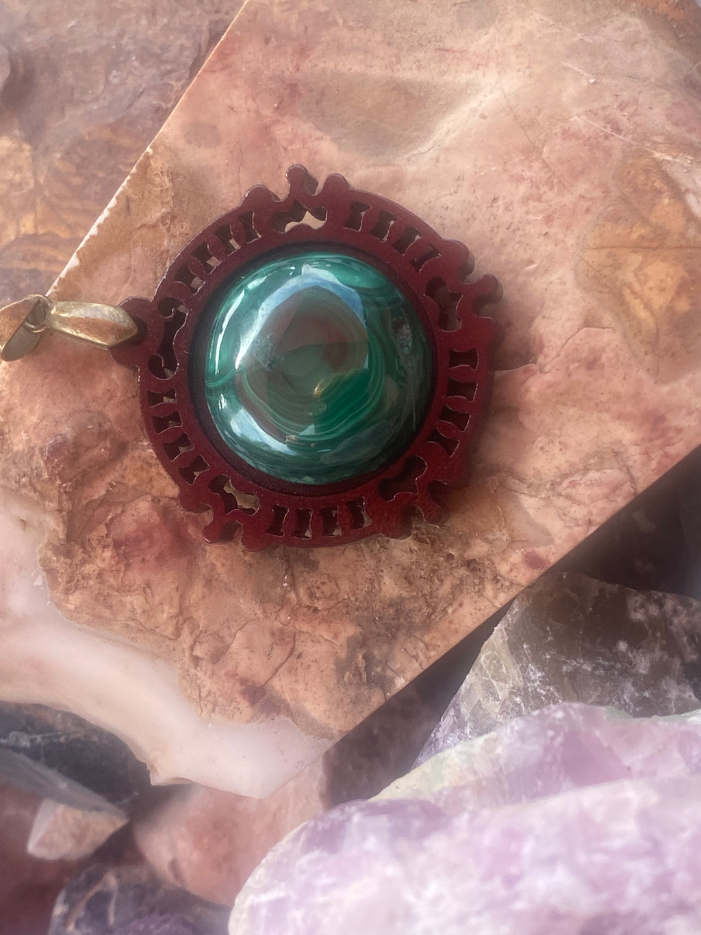 Natural Malachite on Wooden Pendant gemstone pendant, handcrafted jewelry featuring polished stone with unique color and mineral patterns
