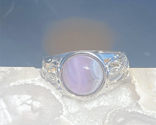 Natural Amethyst Ring on Silver-Plated Band gemstone ring, handcrafted jewelry featuring polished stone set in a decorative silver band