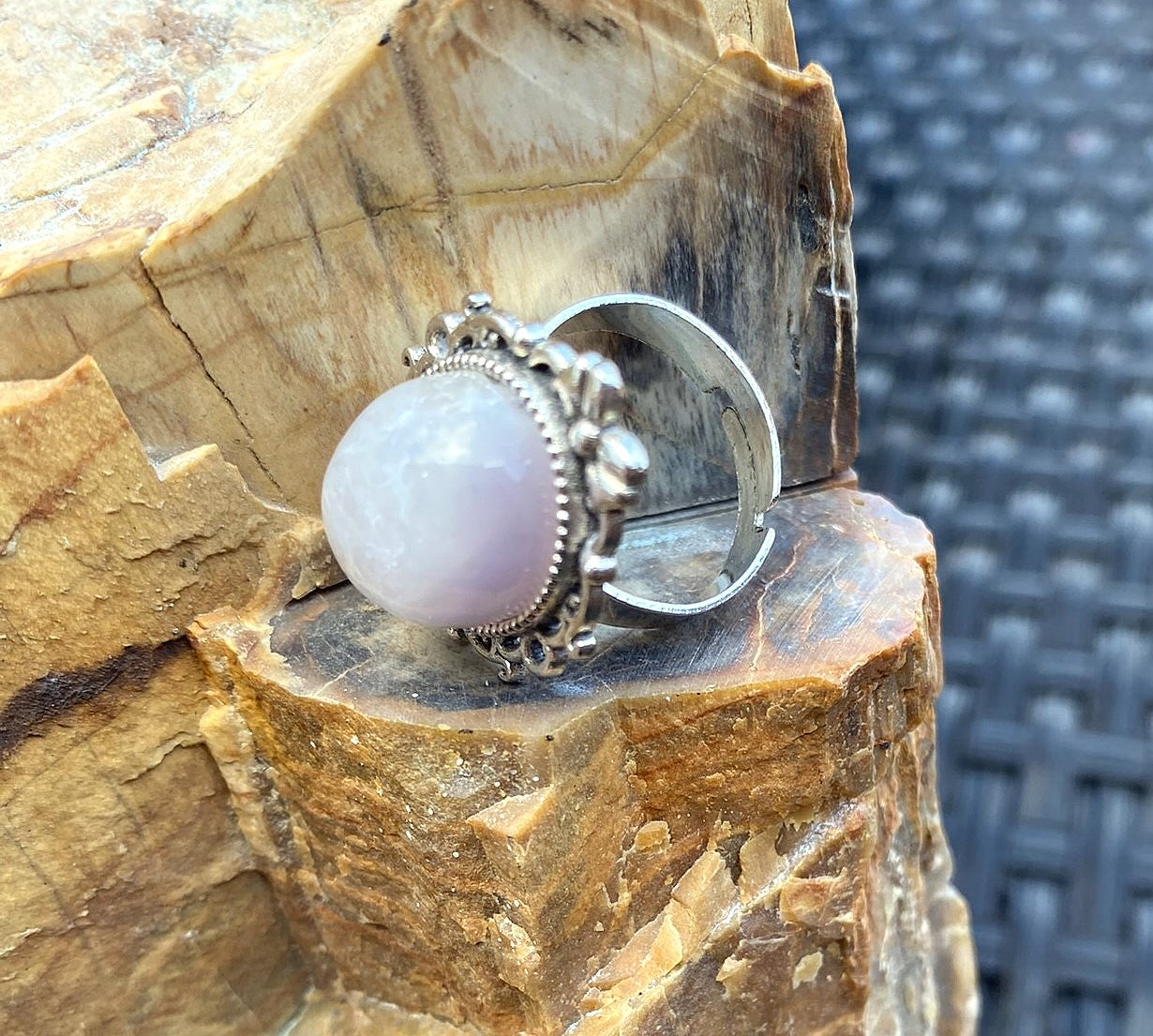 Natural Elegant Amethyst Quartz Ring on Silver Plated Band gemstone ring, handcrafted jewelry featuring polished stone set in a decorative silver band