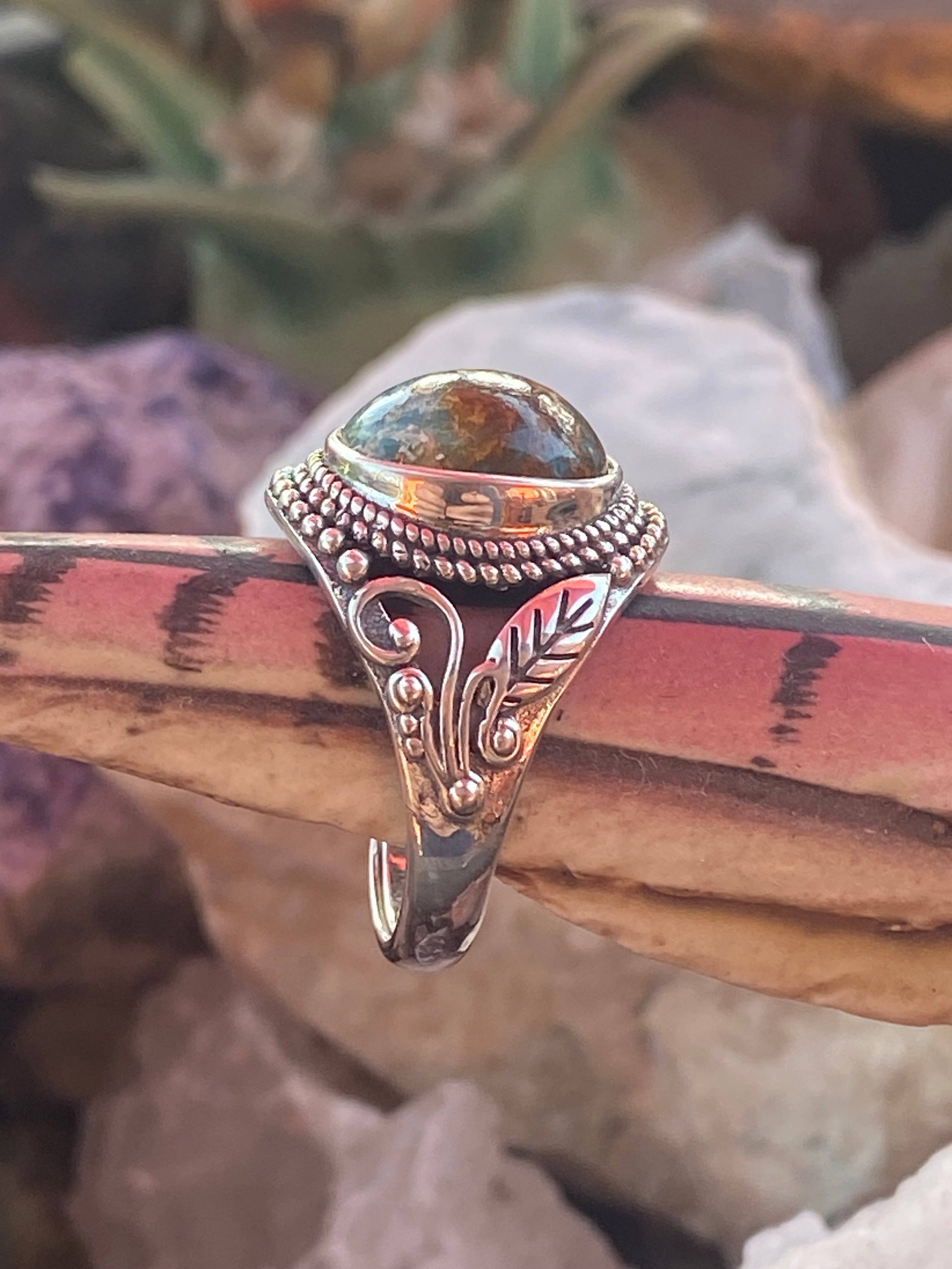 Natural Royston Turquoise Ring with Dragon Motif in Sterling Silver gemstone ring, handcrafted jewelry featuring polished stone set in a decorative silver band