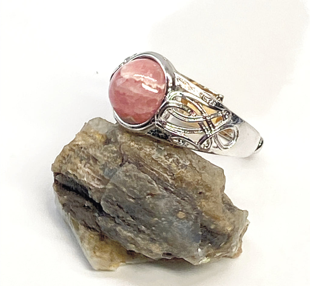 Natural Pink Rhodochrosite Ring gemstone ring, handcrafted jewelry featuring polished stone set in a decorative silver band