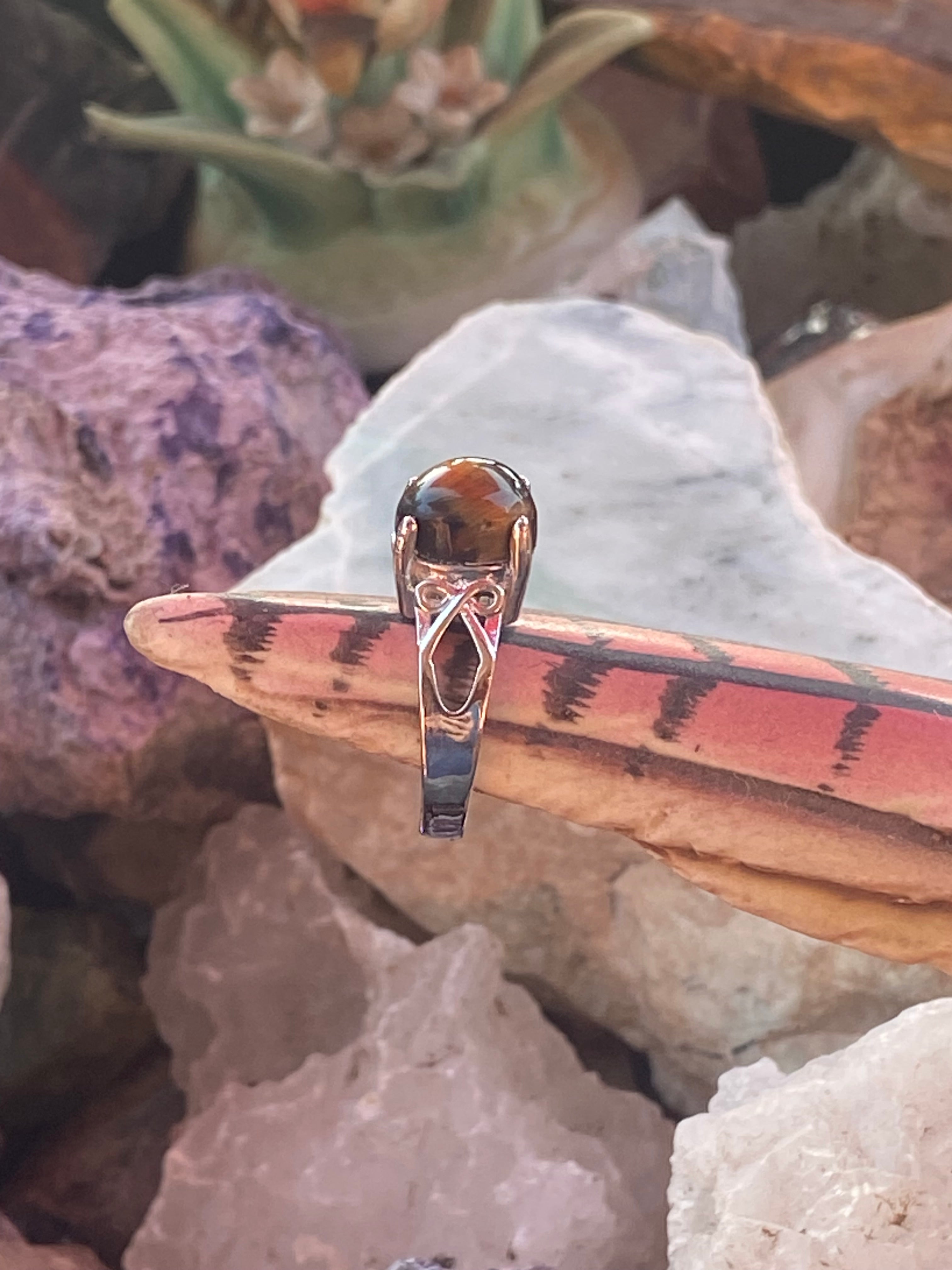Natural Tiger Eye Ring on Silver Plated Band gemstone ring, handcrafted jewelry featuring polished stone set in a decorative silver band