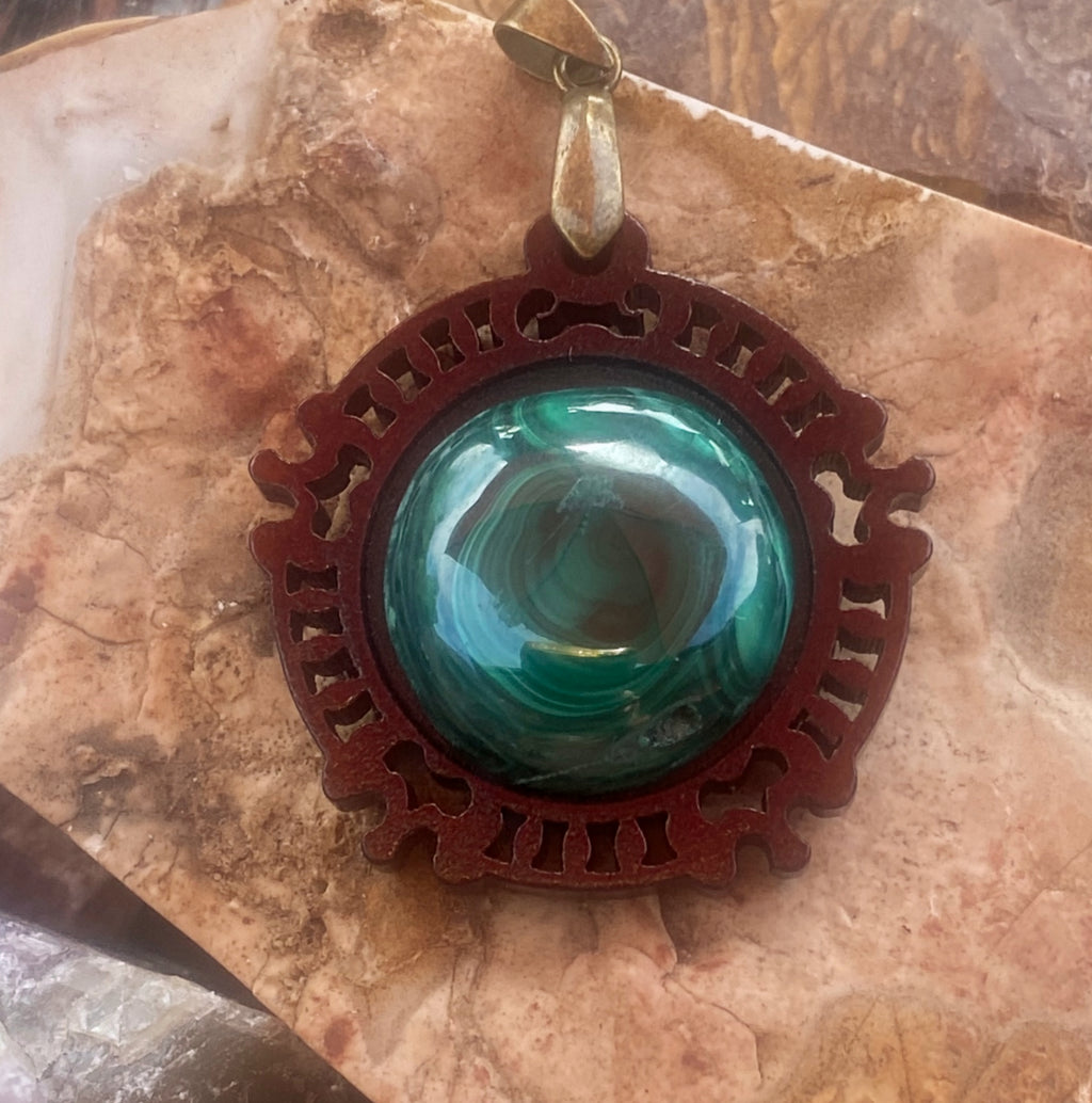 Natural Malachite on Wooden Pendant gemstone pendant, handcrafted jewelry featuring polished stone with unique color and mineral patterns