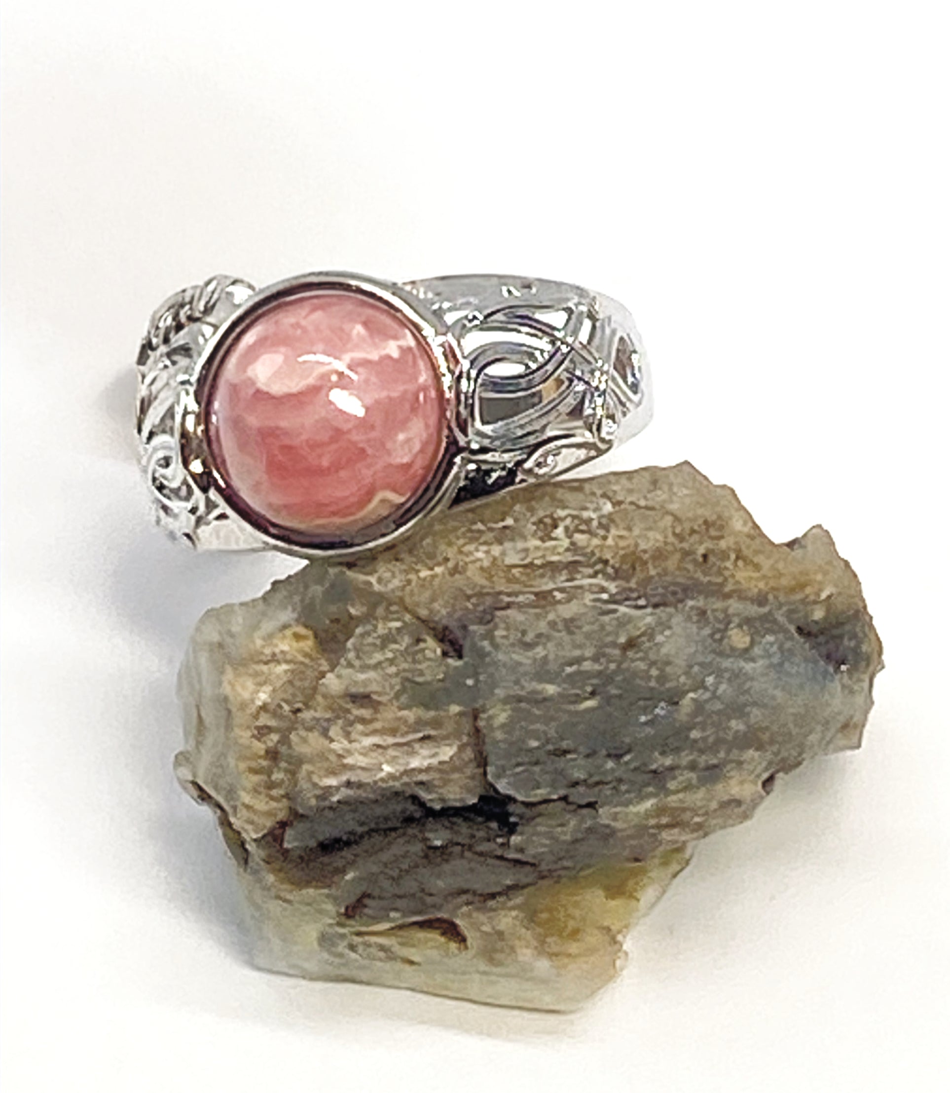 Natural Pink Rhodochrosite Ring gemstone ring, handcrafted jewelry featuring polished stone set in a decorative silver band