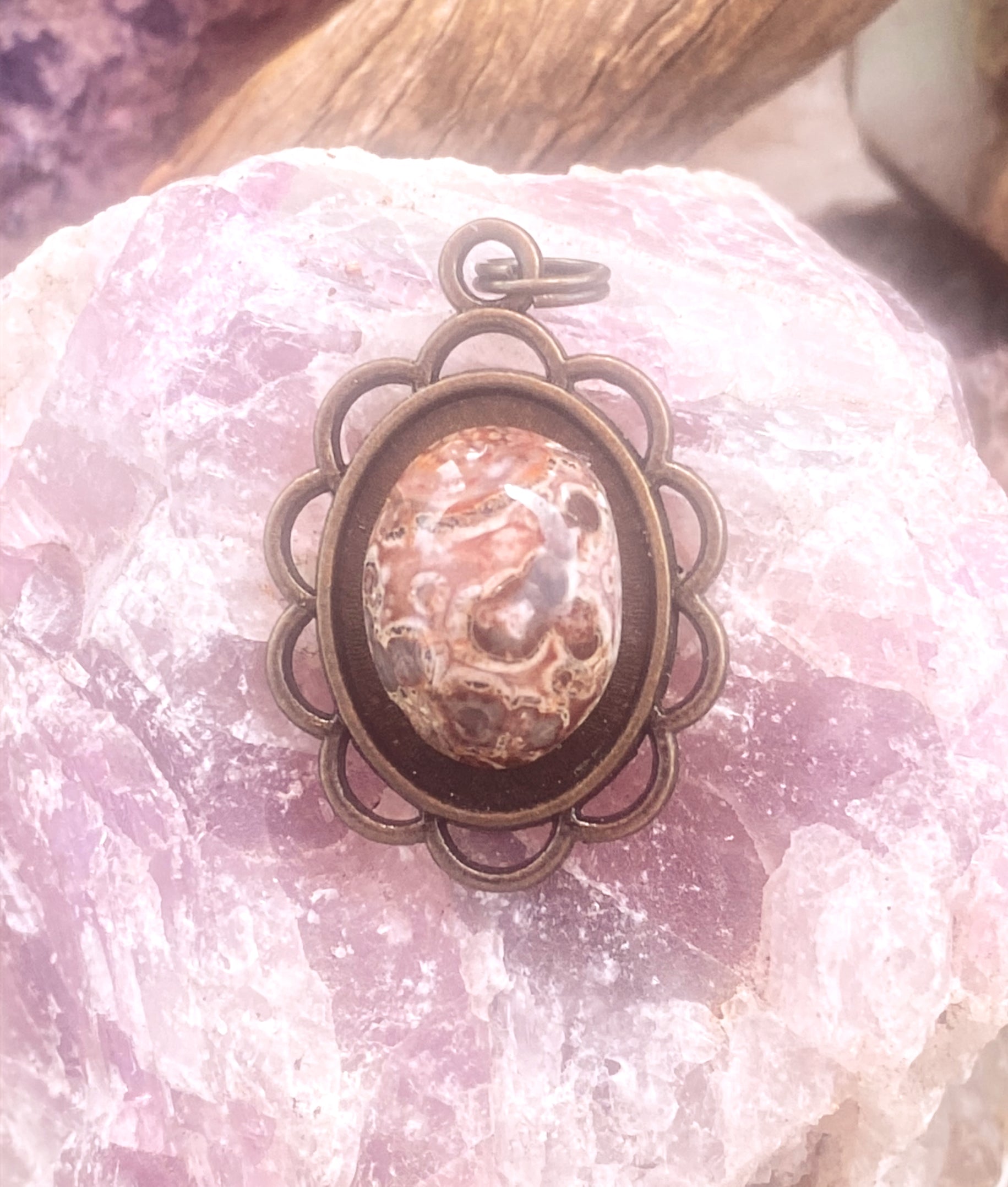 Natural Leopard Skin Jasper Pendant in Ornate Brass Frame gemstone pendant, handcrafted jewelry featuring polished stone with unique color and mineral patterns