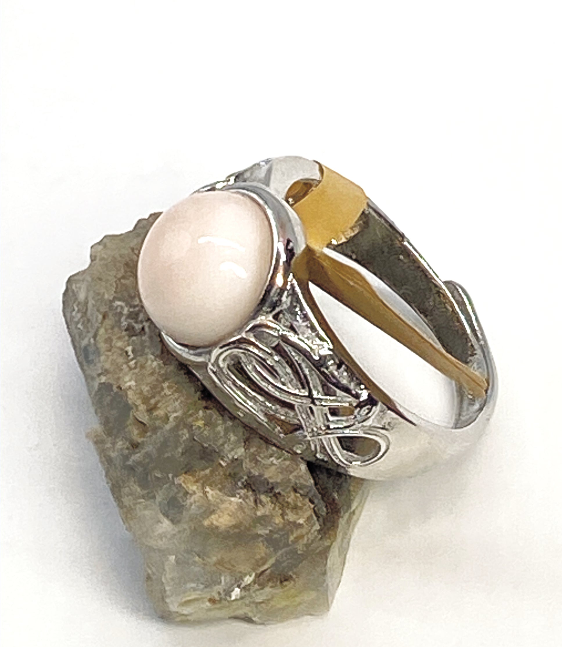 Natural Pink Manganese Ring on Silver-Plated Band gemstone ring, handcrafted jewelry featuring polished stone set in a decorative silver band