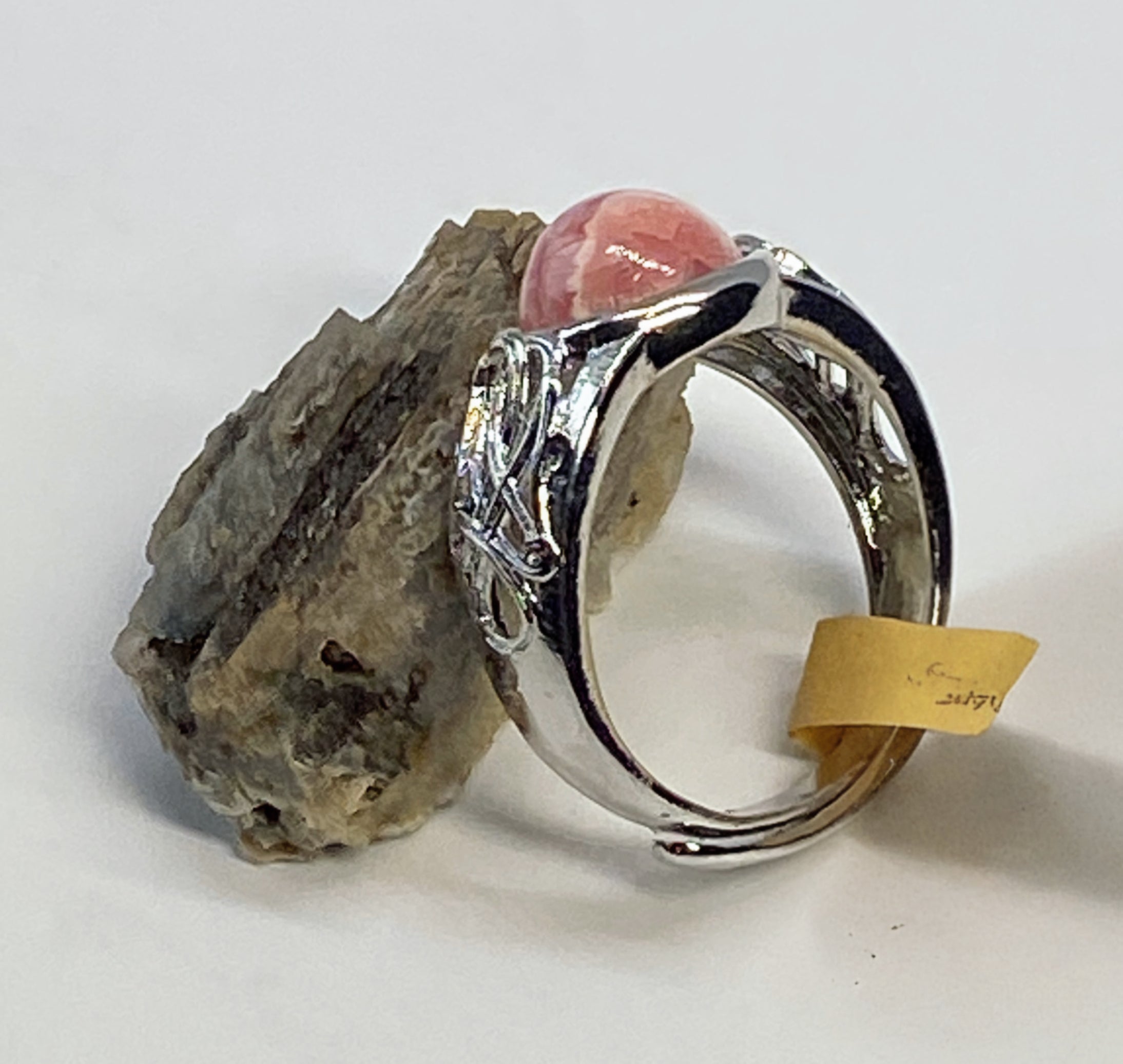 Natural Pink Rhodochrosite Ring gemstone ring, handcrafted jewelry featuring polished stone set in a decorative silver band