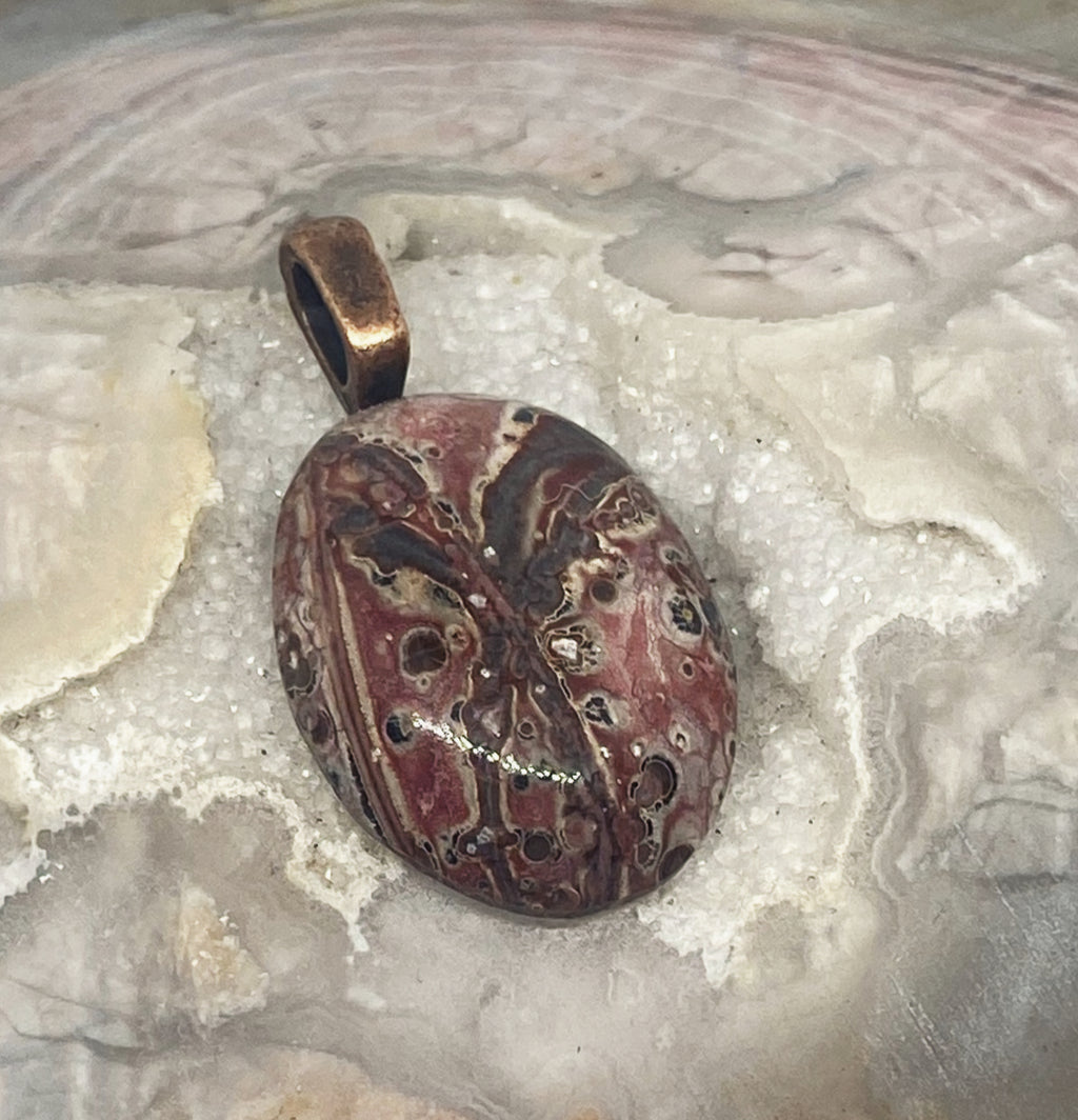Natural Leopard Skin Jasper Pendant with Copper Bail gemstone pendant, handcrafted jewelry featuring polished stone with unique color and mineral patterns
