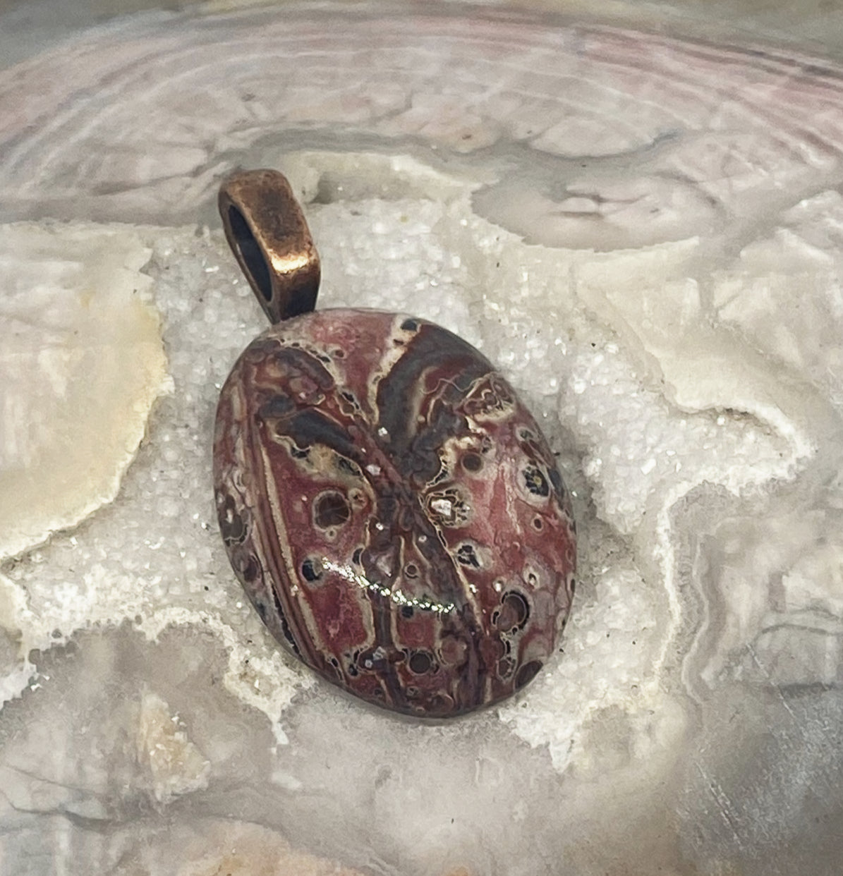 Natural Leopard Skin Jasper Pendant with Copper Bail gemstone pendant, handcrafted jewelry featuring polished stone with unique color and mineral patterns