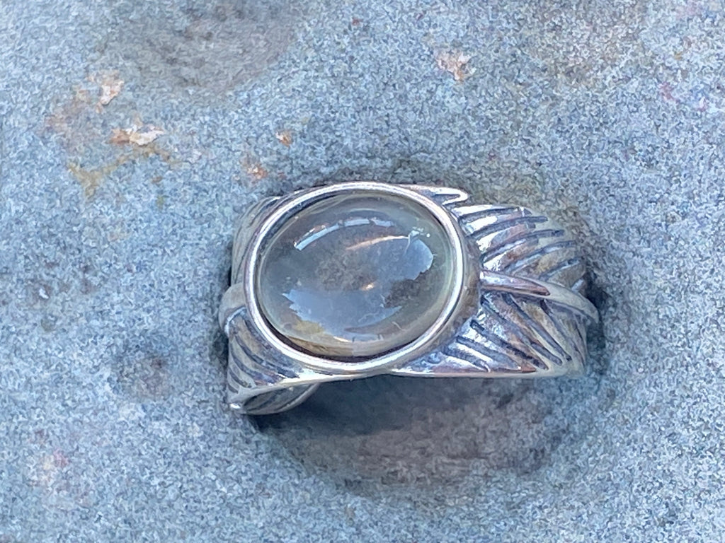 Natural Oregon Sunstone in leaf band gemstone jewelry with unique color, pattern, and handcrafted design