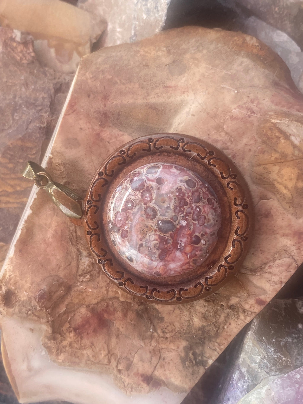 Natural Leopard Skin Jasper Wooden Pendant gemstone pendant, handcrafted jewelry featuring polished stone with unique color and mineral patterns